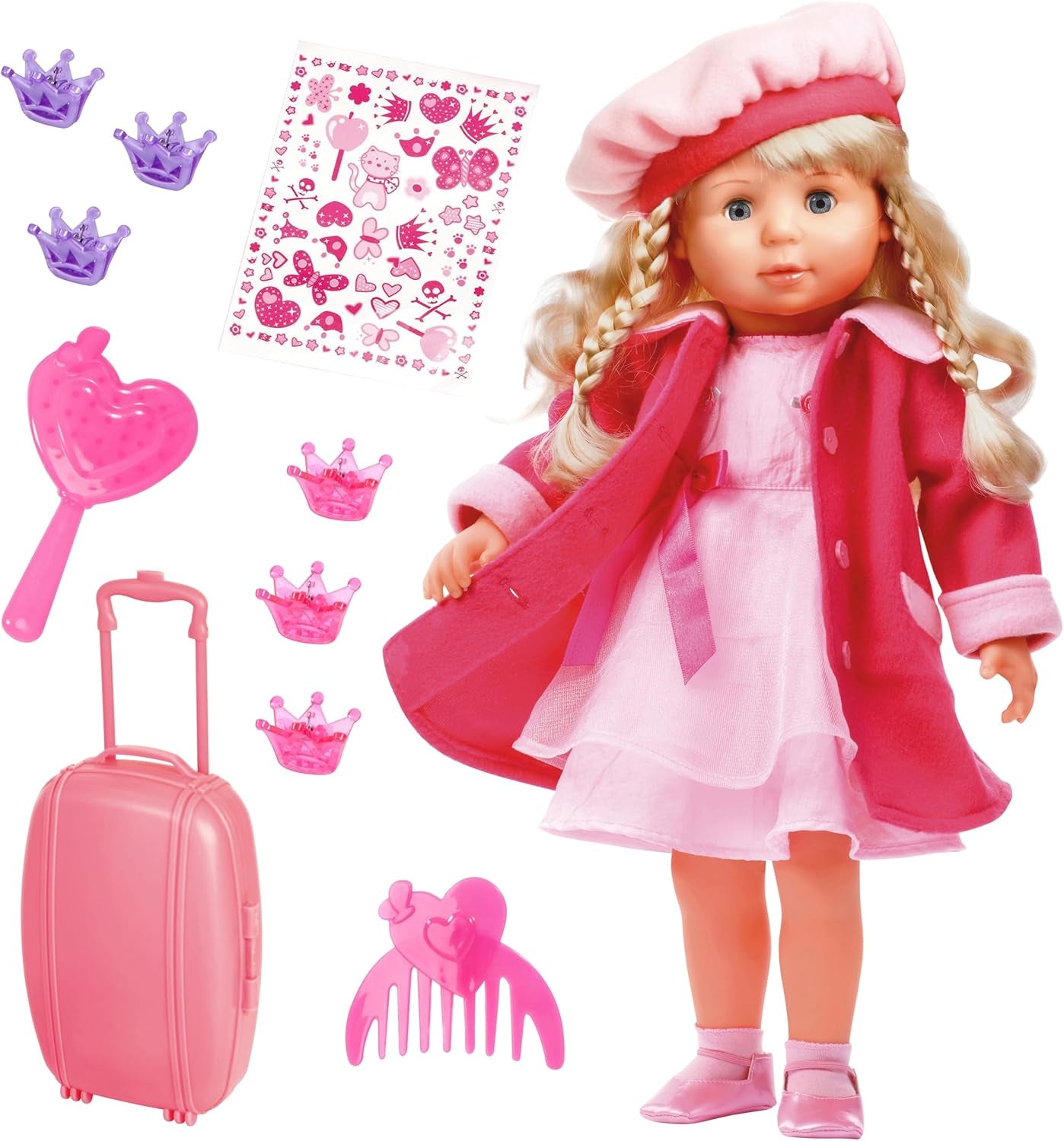 Bayer Design 94635AA Charlene, funktionale interaktive Puppe mit verschlafenen Haaren und Augen, spricht und singt 90 Sätze, 2 Gedichte und 8 Lieder, 46 cm, Pink