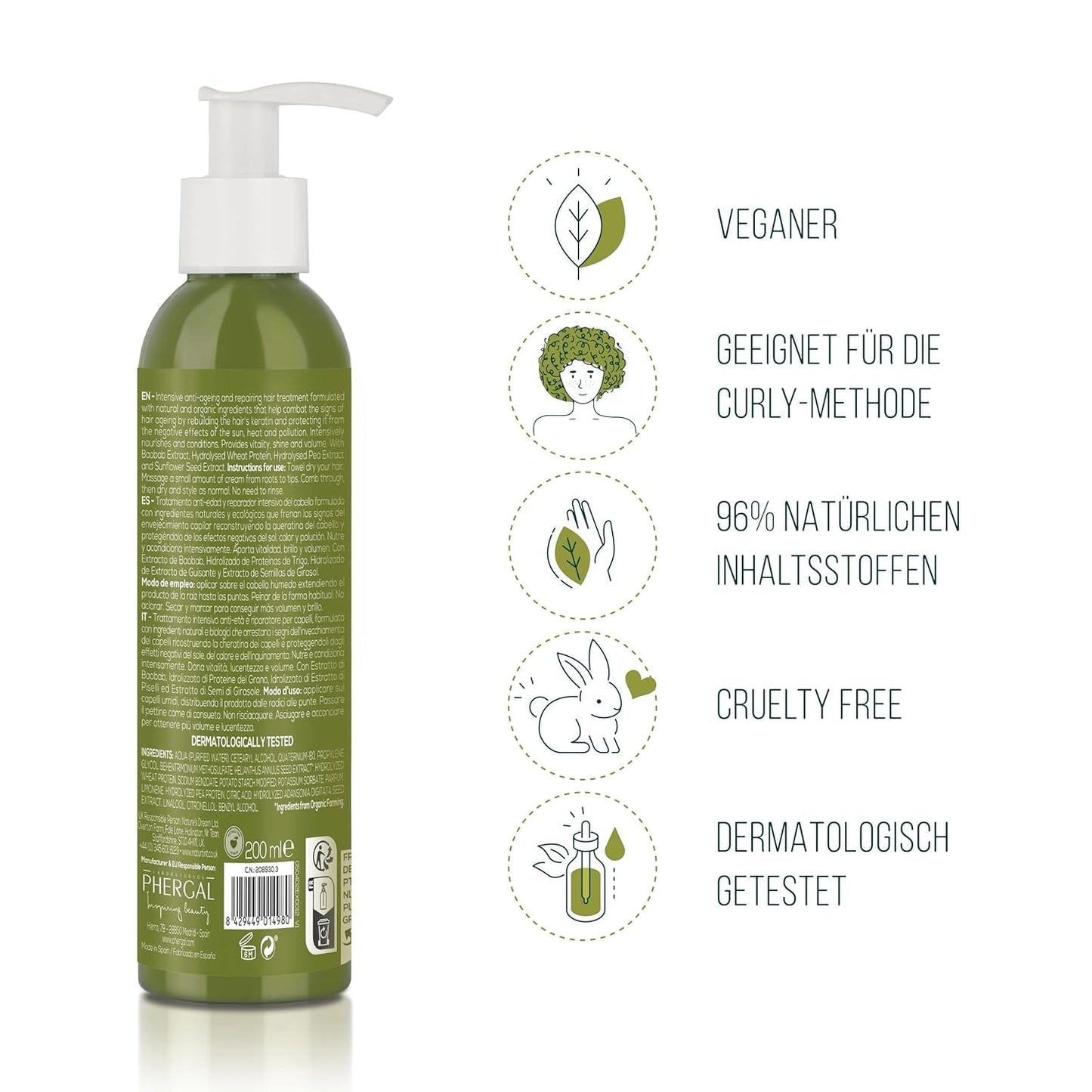 Natürliche Tönung CC-Creme. Haarmaske ohne Ausspülen. Für trockenes und strapaziertes Haar. Repariert und spendet Feuchtigkeit. 96 % natürliche Inhaltsstoffe. 200 ml Naty Shop Haarmaske