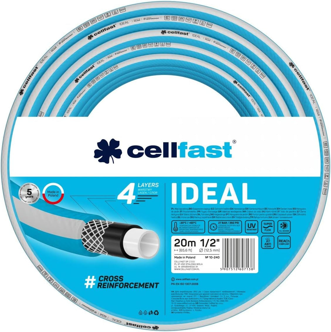 Gartenschlauch Cellfast IDEAL, langlebig, flexibel, 4 Lagen, langlebiges Kreuzgeflecht, UV- und algenbeständig, REACH-Technologie, 27 bar, -20/+60° kurzfristig 1/2", 20m
