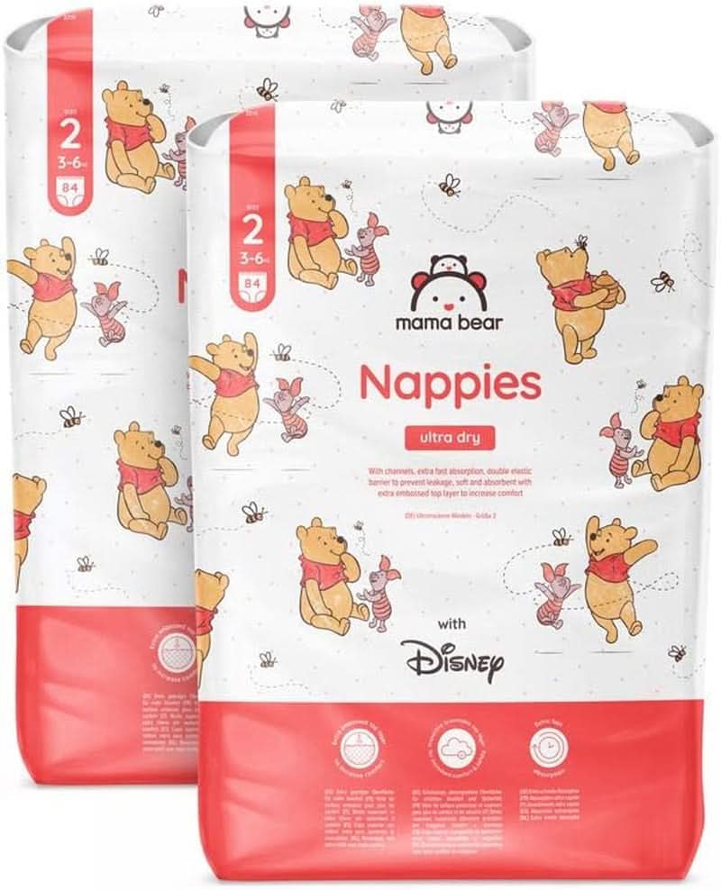 Mama Bear Disney Ultra Dry Windeln, Größe 4 (8–14 kg), Weiß, 84 Stück (1 Packung), Naty Shop Größe 2 (3–6 kg), Monatspackung