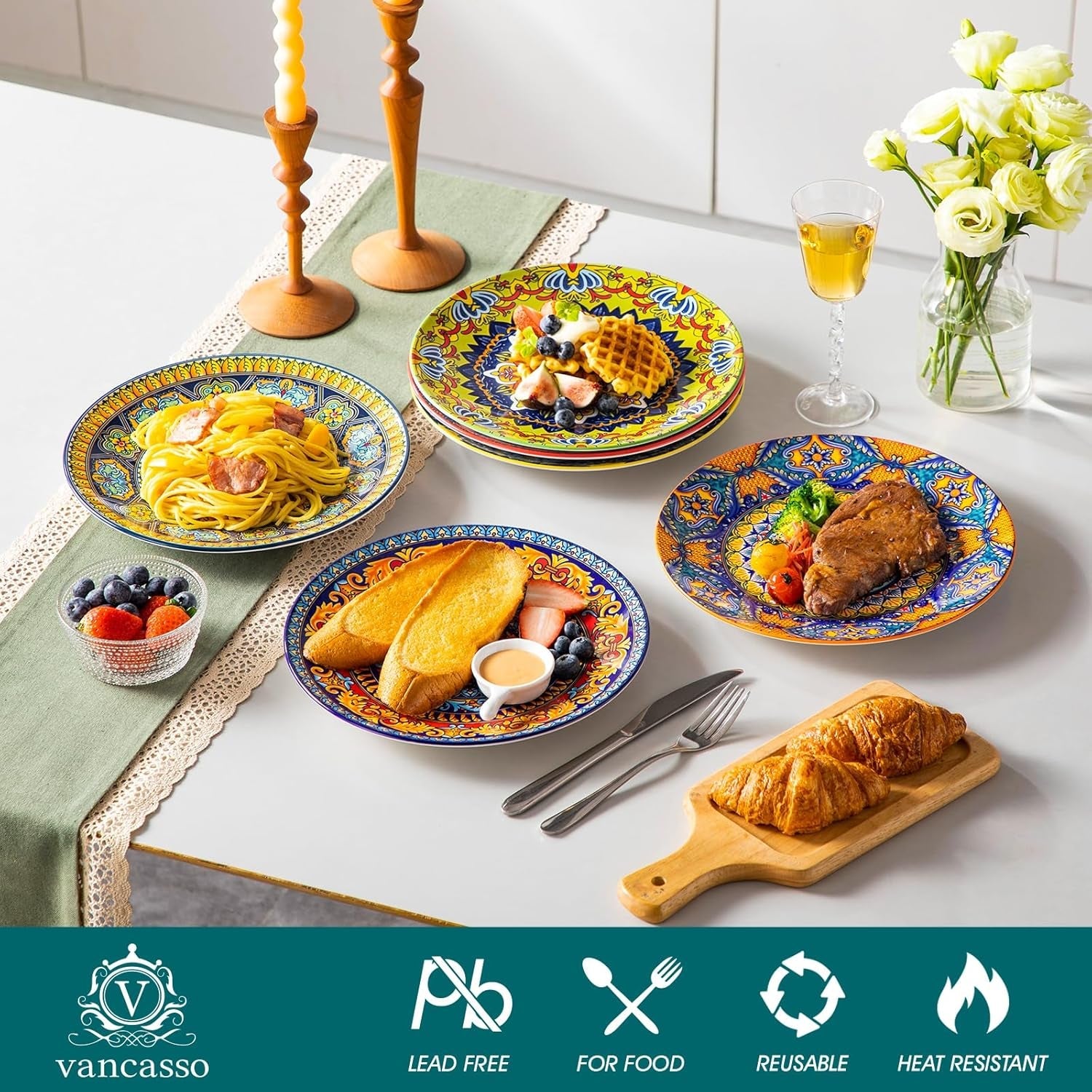 Speiseteller-Set für 6 Personen, vancasso KRVI Teller-Set für 6 Personen, Teller-Set Ø 27 cm, spülmaschinen- und mikrowellengeeignet, Pastateller, Frühstücksteller, Kuchenteller