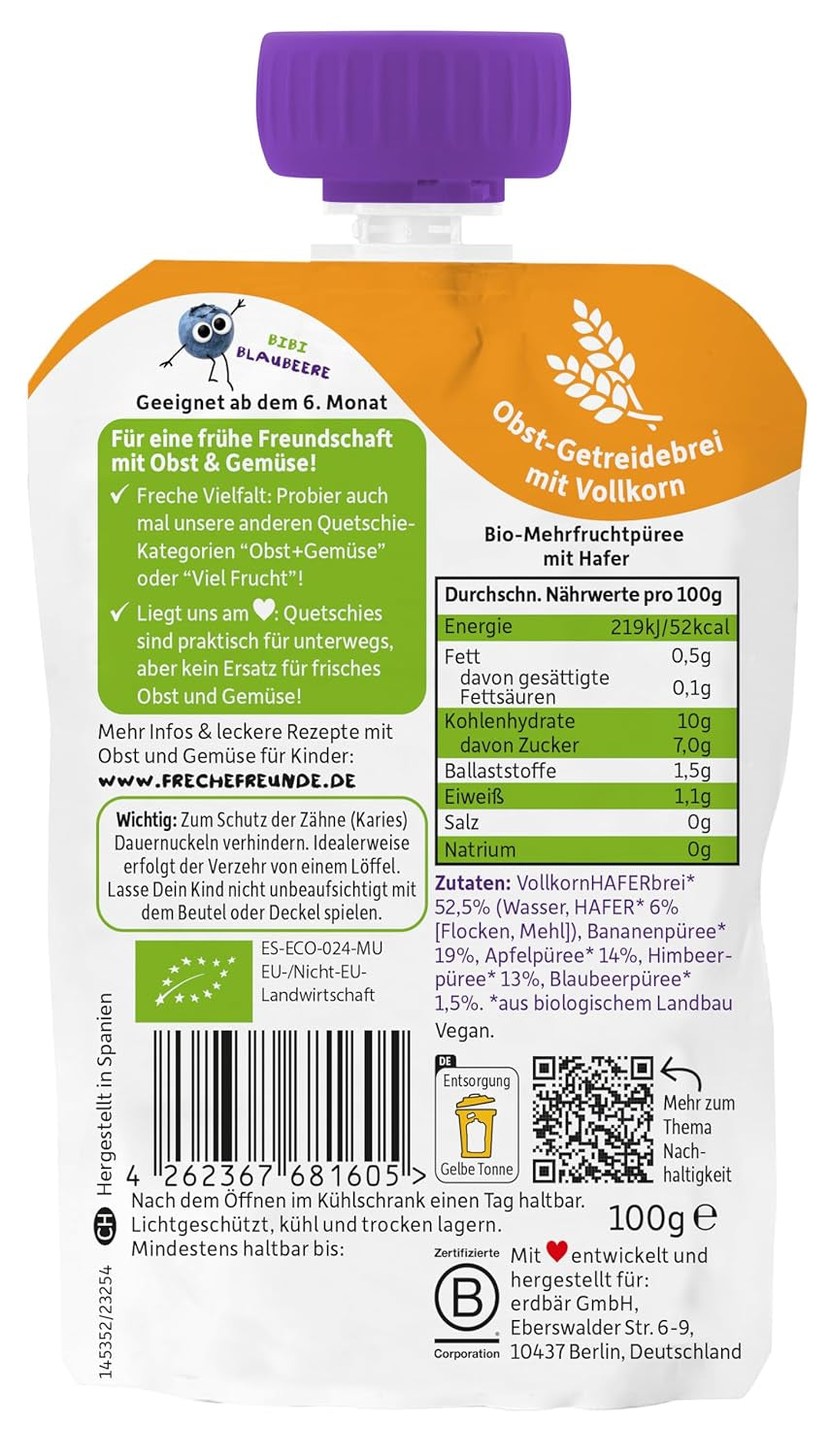 FRECHE FREUNDE Bio-Früchtebeutel Banane, Apfel, Himbeere, Heidelbeere mit Hafer, Fruchtpüree mit Müsli im Quetschbeutel für Babys ab 6 Monaten, vegan, 6er Pack (6 x 100 g)