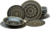 CreaTable, 23588, Serie MANDALA GOLD – Schwarz, 12-teiliges Geschirrset, Tellerset aus Porzellan, spülmaschinen- und mikrowellenfest, hochwertige Herstellung
