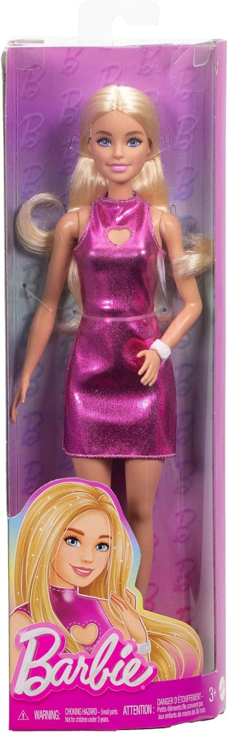 Barbie Fashionistas Puppe Nr. 230 mit blonden Haaren, rosa metallischem Minikleid mit Herzausschnitt, weißem Armband und High Heels, HYT88