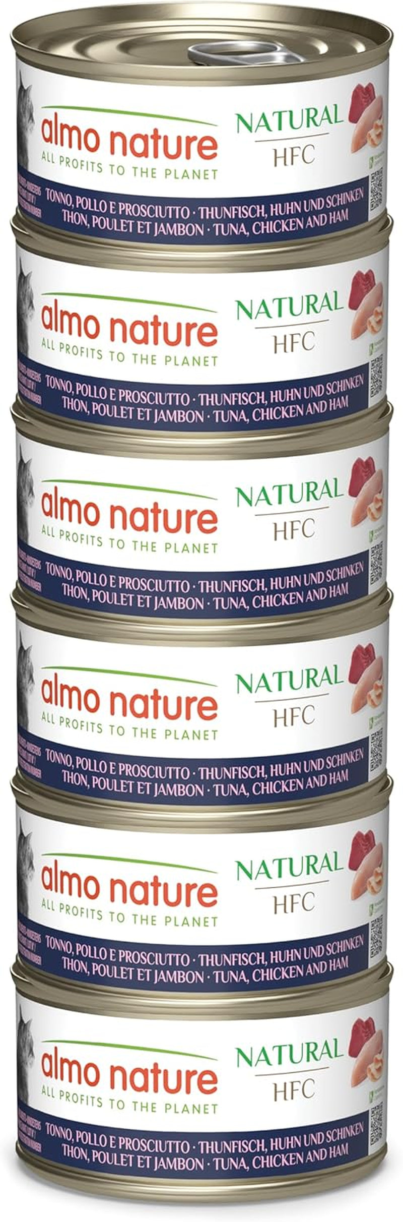 Almo Nature HFC Natural – Nassfutter für erwachsene Katzen – Thunfisch, Huhn und Schinken – menschliche Qualität, glutenfrei – 6 x 70 g