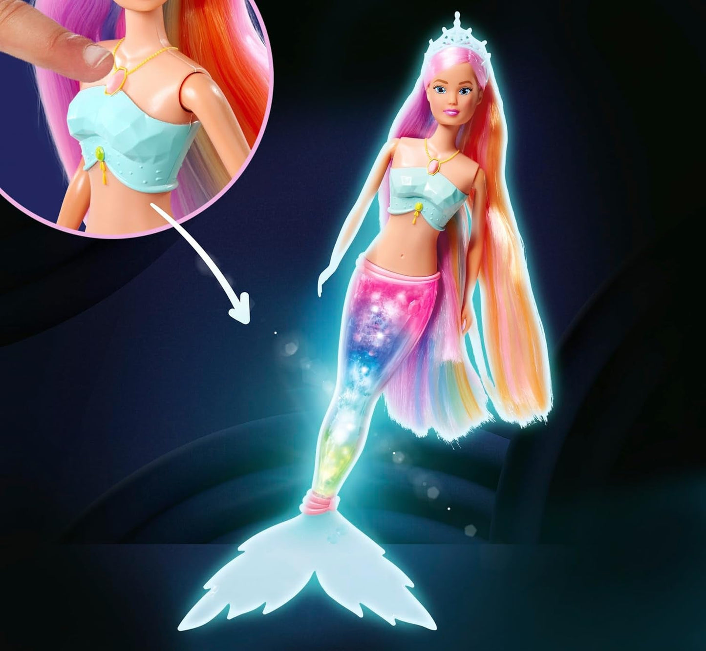 Steffi Love Magic Rainbow Mermaid, Meerjungfrauenpuppe mit Magic Rainbow Light-Funktion und extra langen Haaren, 39 cm, ab 3 Jahren