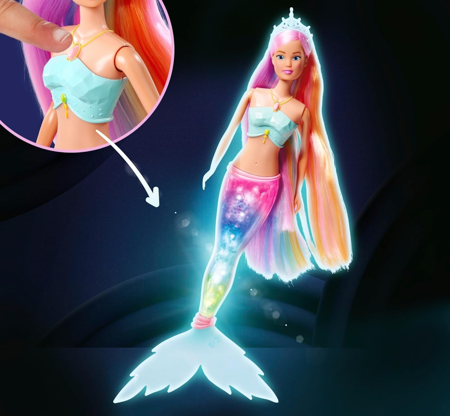 Steffi Love Magic Rainbow Mermaid, Meerjungfrauenpuppe mit Magic Rainbow Light-Funktion und extra langen Haaren, 39 cm, ab 3 Jahren