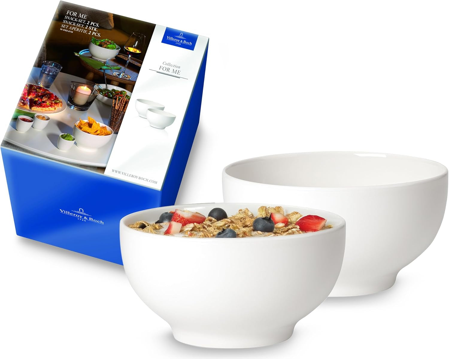 Villeroy & Boch For Me Müslischale 2er-Set, weiß, spülmaschinenfest, mikrowellengeeignet, kleine Schalen für 2, Schüsseln, Müslischalen, Snacks oder Saucen, Teller, Premium-Porzellan