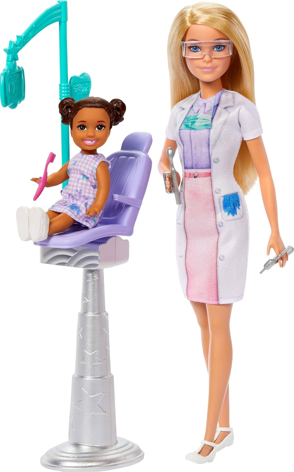 Barbie-Zahnarztpuppe, Modepuppe mit blonden Haaren, blauem Kleid und Laborkittel, 1 Kinderpuppe, Untersuchungszubehör und verschiedene Accessoires, JCR74