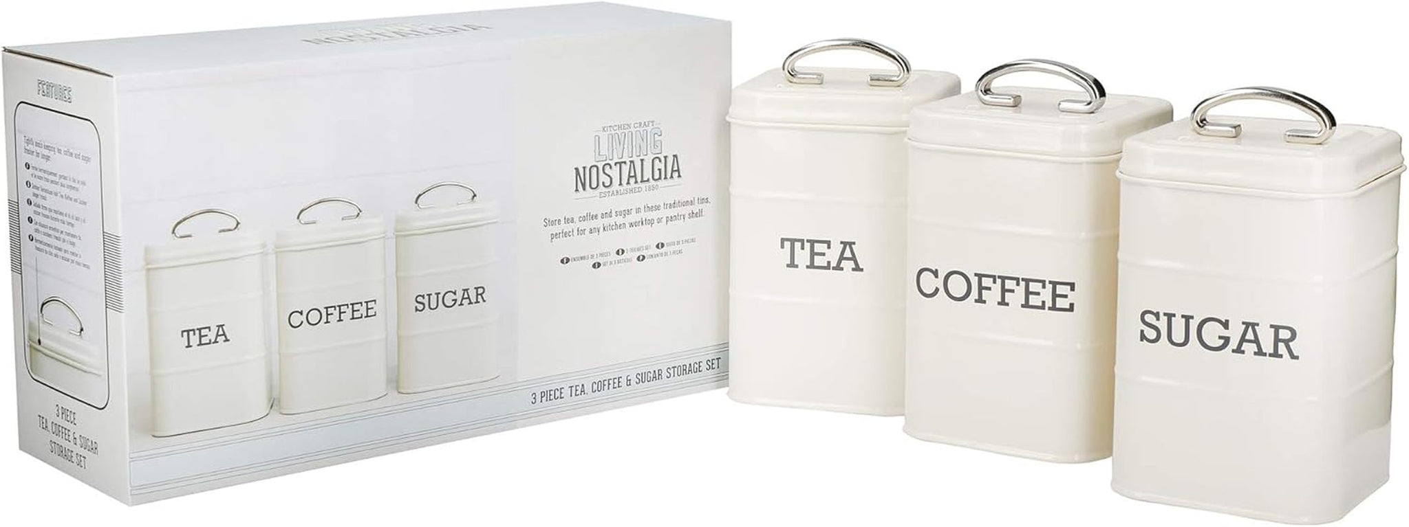 KitchenCraft Living Nostalgia Set mit 3 Vorratsdosen für Tee, Zucker und Kaffee in Geschenkbox, Stahl, Antikcreme, 11 cm x 11 cm x 17 cm, Vintage-Blau. Aufbewahrungsboxen für Lebensmittel von Naty Shop