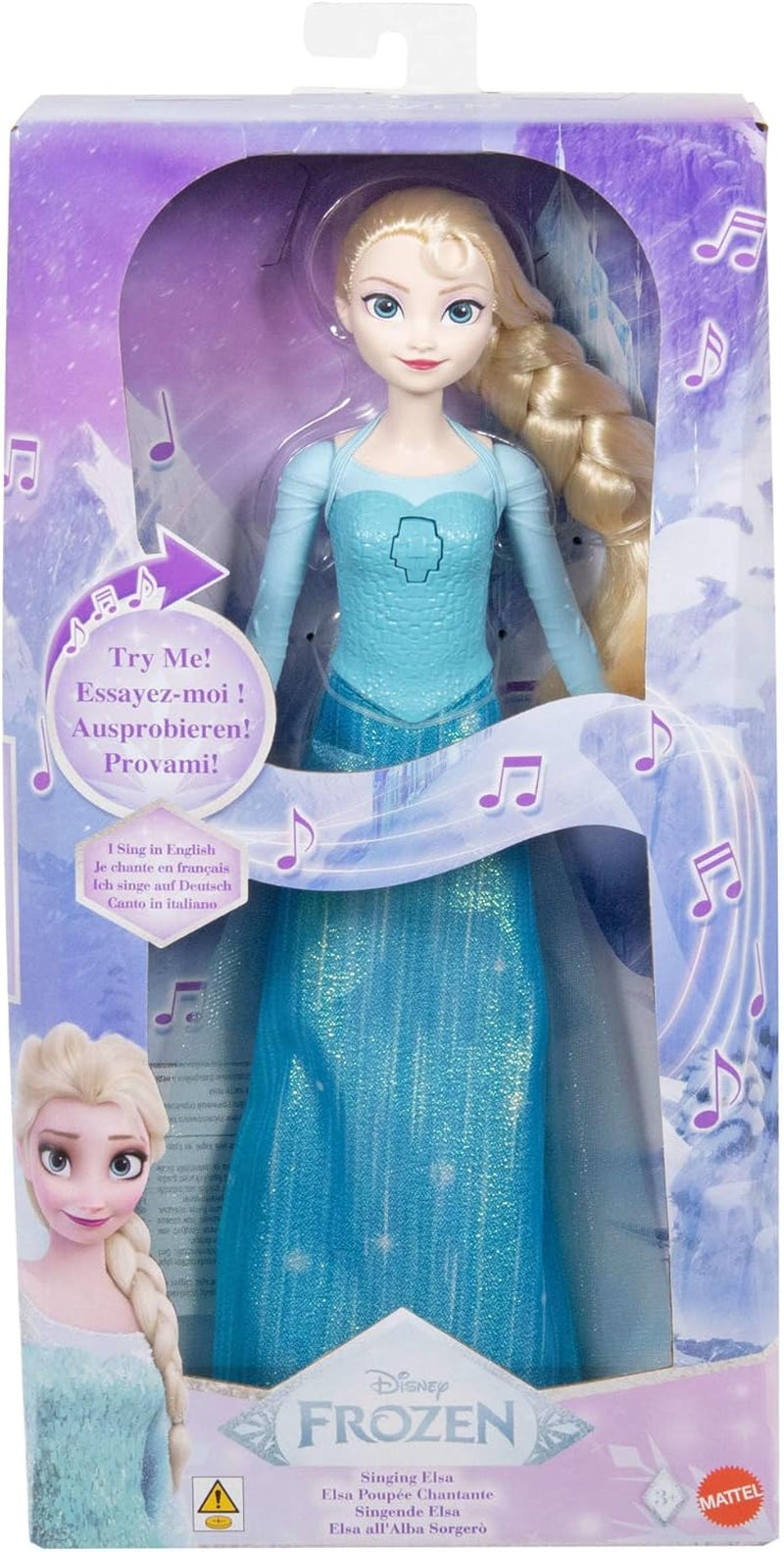 Mattel Toys Disney Frozen Elsa singende Puppe im ikonischen Outfit, singt „Let It Go“ aus dem Disney-Film in Englisch, Französisch, Deutsch, Italienisch, JDL58