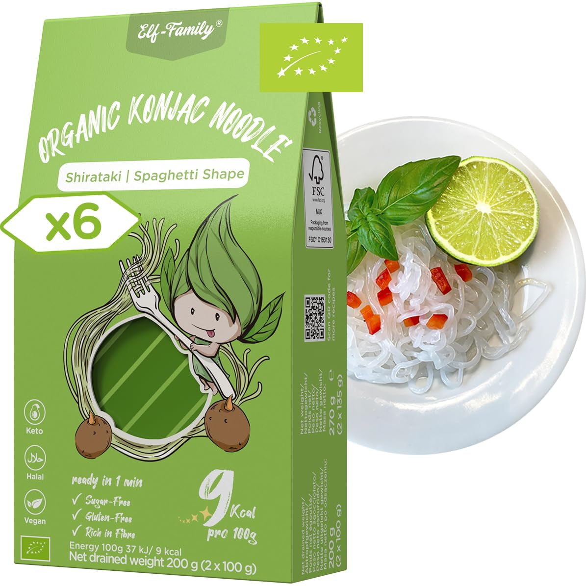 Elf-Family 270g x6er Box(12er Pack) Bio Konjak Nudeln Ultra Low Carb Shirataki Nudeln Vegan Glutenfrei-Instant Nudeln ohne Kohlenhydrate/Keto/Kalorienarme/Fettfrei/Zuckerfrei -Spaghetti MHD: 11.12.2026