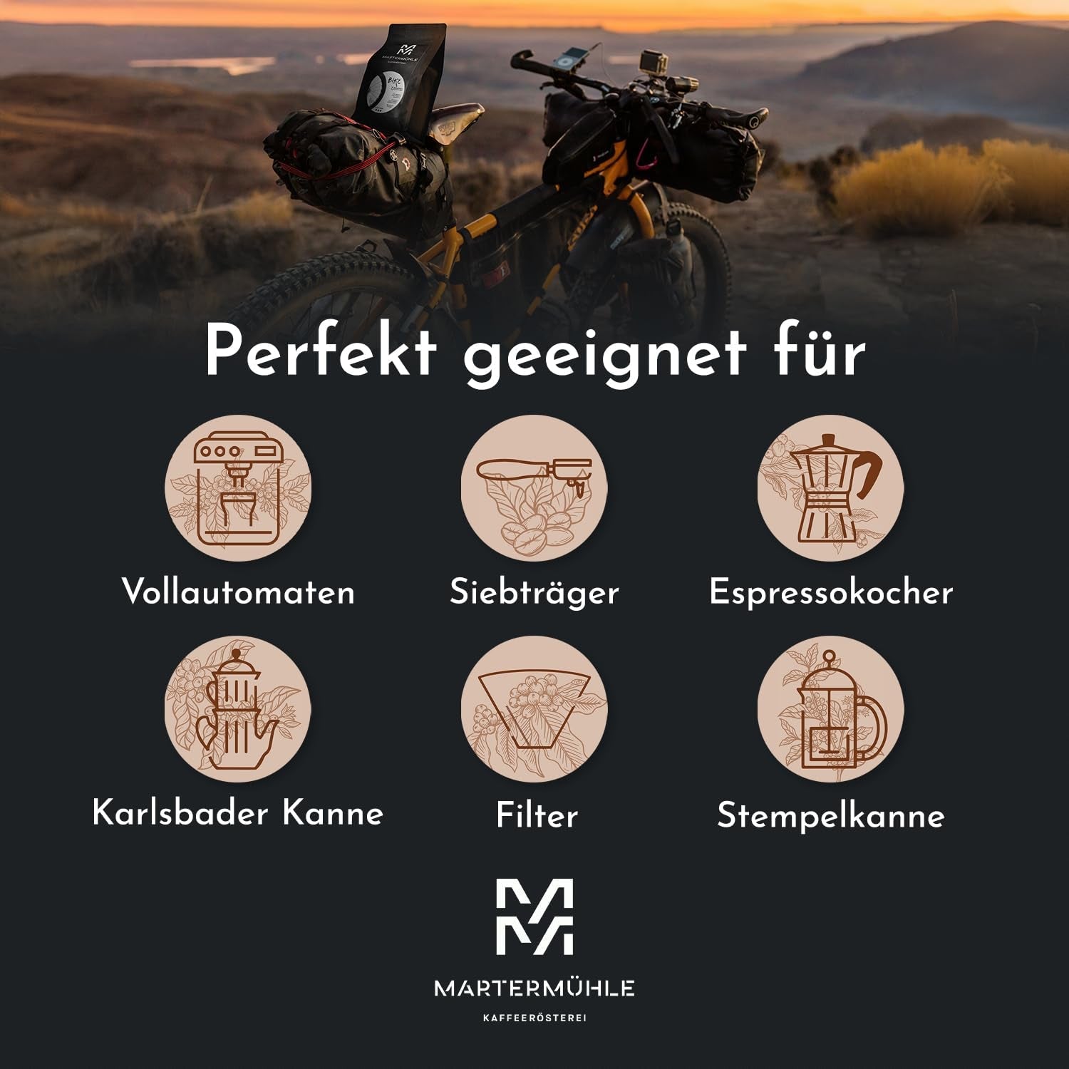 Espressobohnen Martermühle Bike 500g Stark | Arabica/Robusta | Geschmacksrichtungen: Macadamianüsse, Milchschokolade | Hell geröstete ganze Espressobohnen, geringer Säuregehalt
