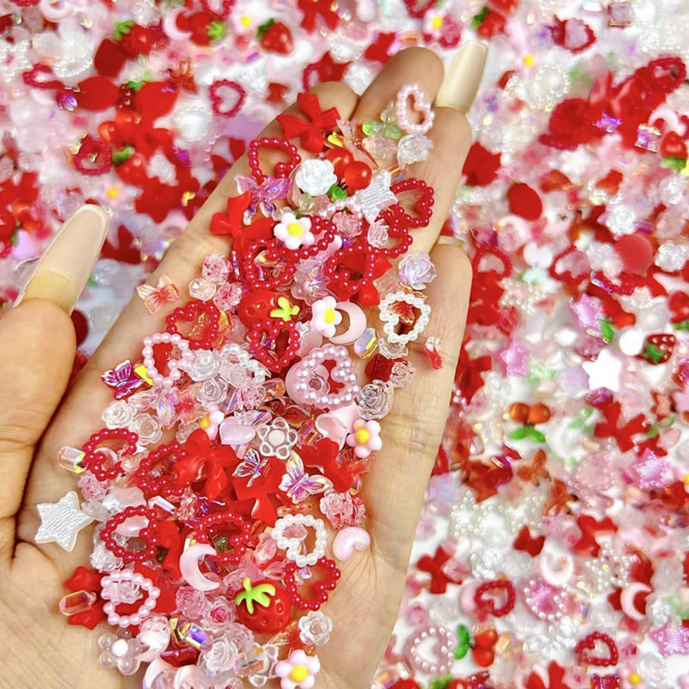 100 Stück 3D Nail Charms Rosa Rot Kirsche Erdbeere Blume Nagel Charms Kamelie Rose Schmetterling Nail Art Charms Flatback Herz Schleife Charms Nägel Zubehör Mond Stern Nagelschmuck Nageldesign Anhänger