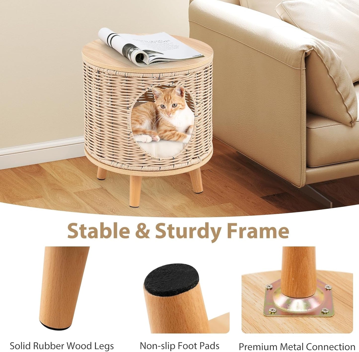 Katzenhaus Rattan, Katzenmöbel mit Holzbeinen & weichen Kissen, 3 in 1 Katzenhöhle Fußhocker Nachttisch, Katzenbett stabil bis 30 kg für Wohnzimmer Schlafzimmer