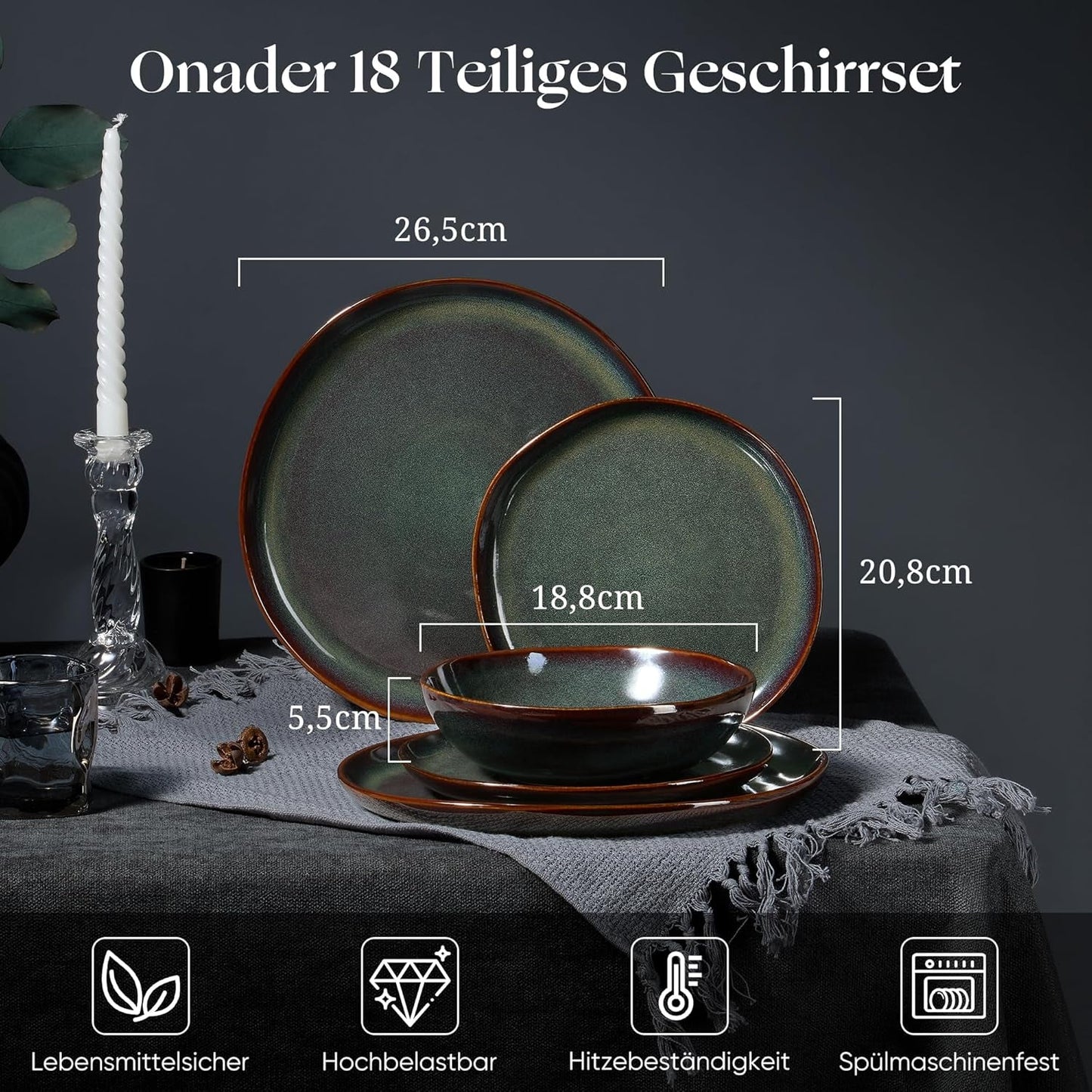 6-Personen-Geschirrset, 18-teiliges Steinzeug-Servierset, unregelmäßige runde Müslischalen, Dessertteller, Speiseteller, kratzfest, mikrowellengeeignet, reaktives Moosgrün