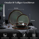 6-Personen-Geschirrset, 18-teiliges Steinzeug-Servierset, unregelmäßige runde Müslischalen, Dessertteller, Speiseteller, kratzfest, mikrowellengeeignet, reaktives Moosgrün