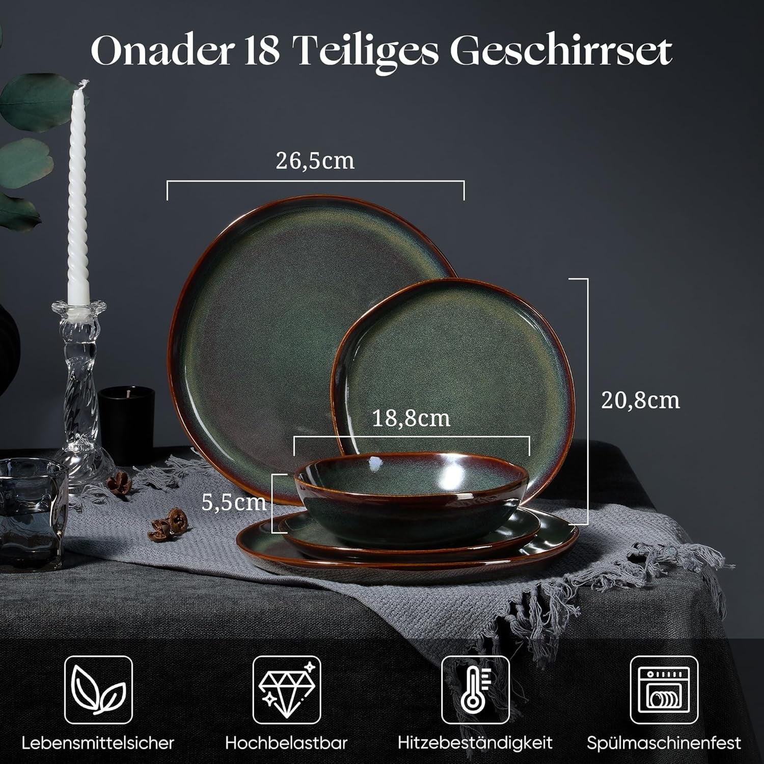 6-Personen-Geschirrset, 18-teiliges Steinzeug-Servierset, unregelmäßige runde Müslischalen, Dessertteller, Speiseteller, kratzfest, mikrowellengeeignet, reaktives Moosgrün