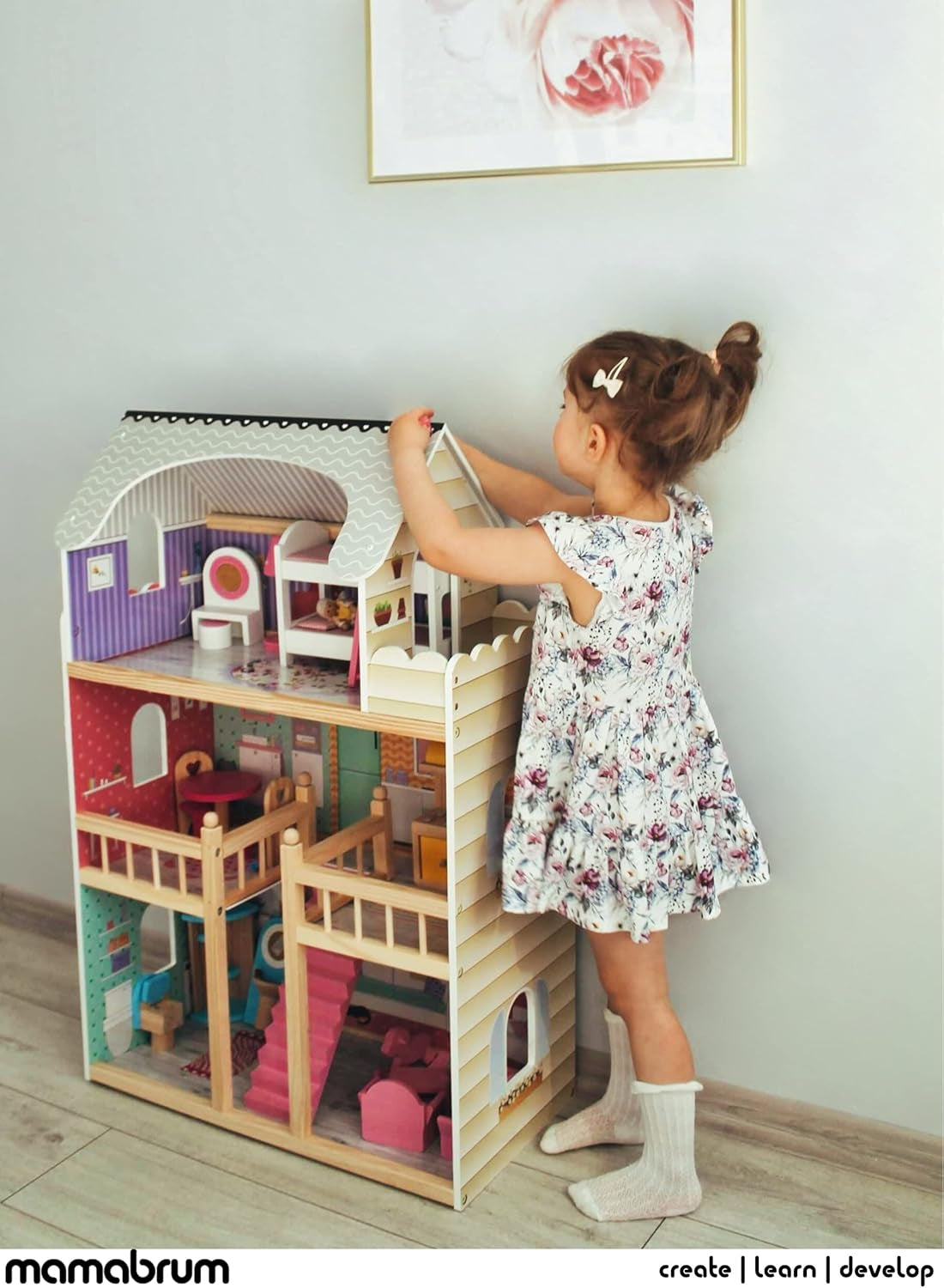 A405 LED-beleuchtetes Puppenhaus – 3 Etagen und Möbelset – Spielhaus aus Holz inklusive Zubehör: Küche, Badezimmer, Schlafzimmer – Geschenk für Mädchen ab 3 Jahren. Puppenhäuser Naty Shop
