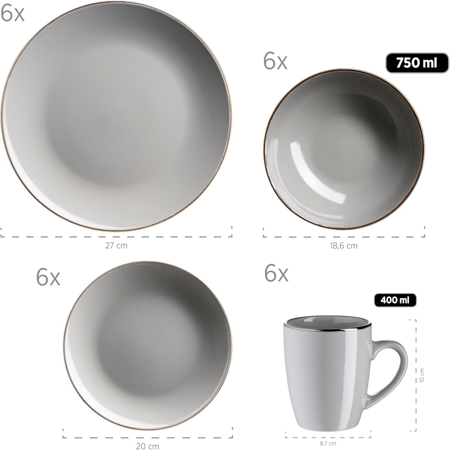 MÄSER Metallgestell, Modernes 6-Personen-Geschirrset mit messingfarbenem Gestell, 24-teiliges Kombiservice mit randlosen Tassenformen, Steinzeug, Grau