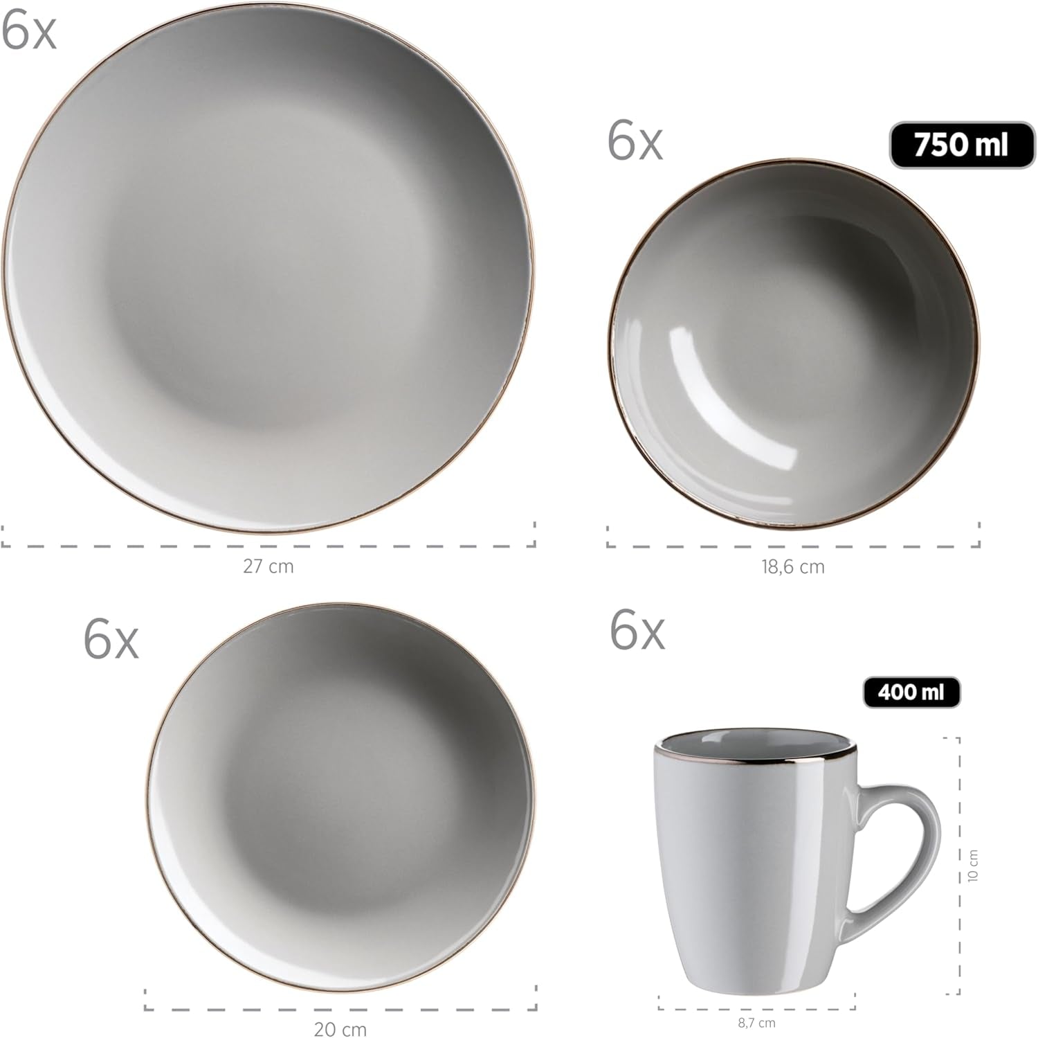 MÄSER Metallgestell, Modernes 6-Personen-Geschirrset mit messingfarbenem Gestell, 24-teiliges Kombiservice mit randlosen Tassenformen, Steinzeug, Grau