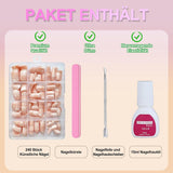 Set mit künstlichen Nägeln – 240 Stück, kurze, quadratische Nägel, weiches Gel, Modell Nude, weißer Farbverlauf, künstlicher natürlicher Kleber auf künstlichen Nägeln für Frauen, DIY (nackter Farbverlauf, 240 x)