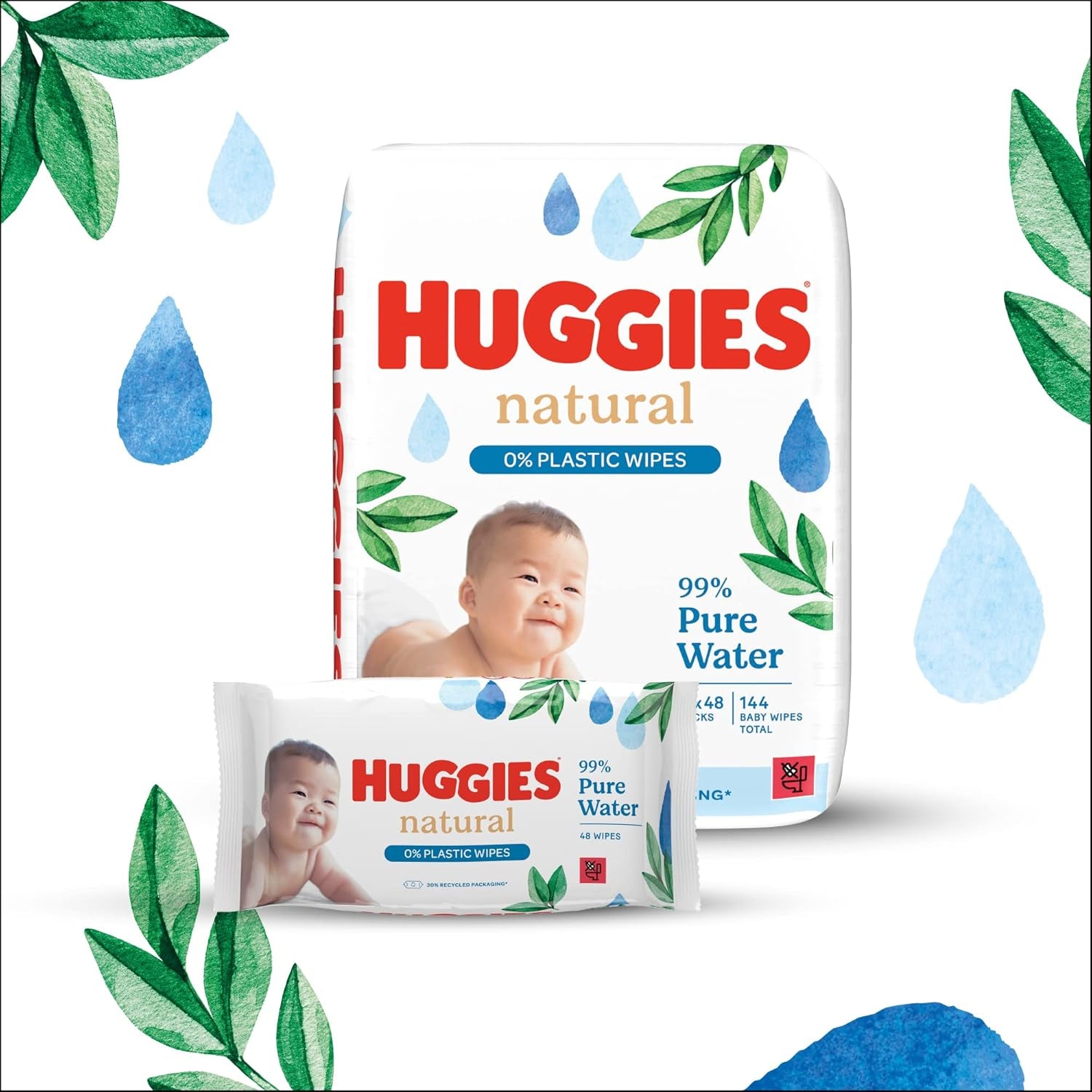 Huggies natürlich biologisch abbaubare Feuchttücher für empfindliche Babys, 8 x 48 Tücher, Großpackung