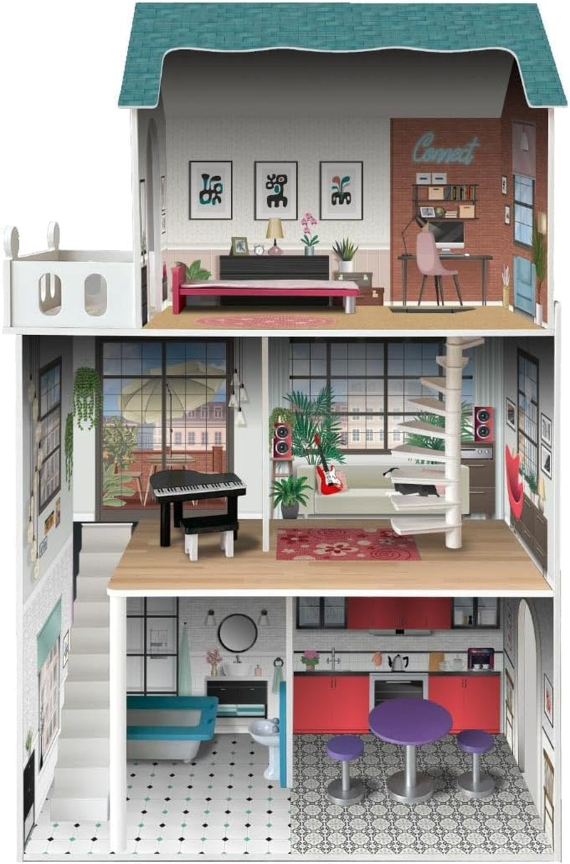 Soho-Madera Design 3-stöckiges Puppenhaus mit 8 Möbelstücken, Maße 120 x 33 x 75 cm (913D00181)