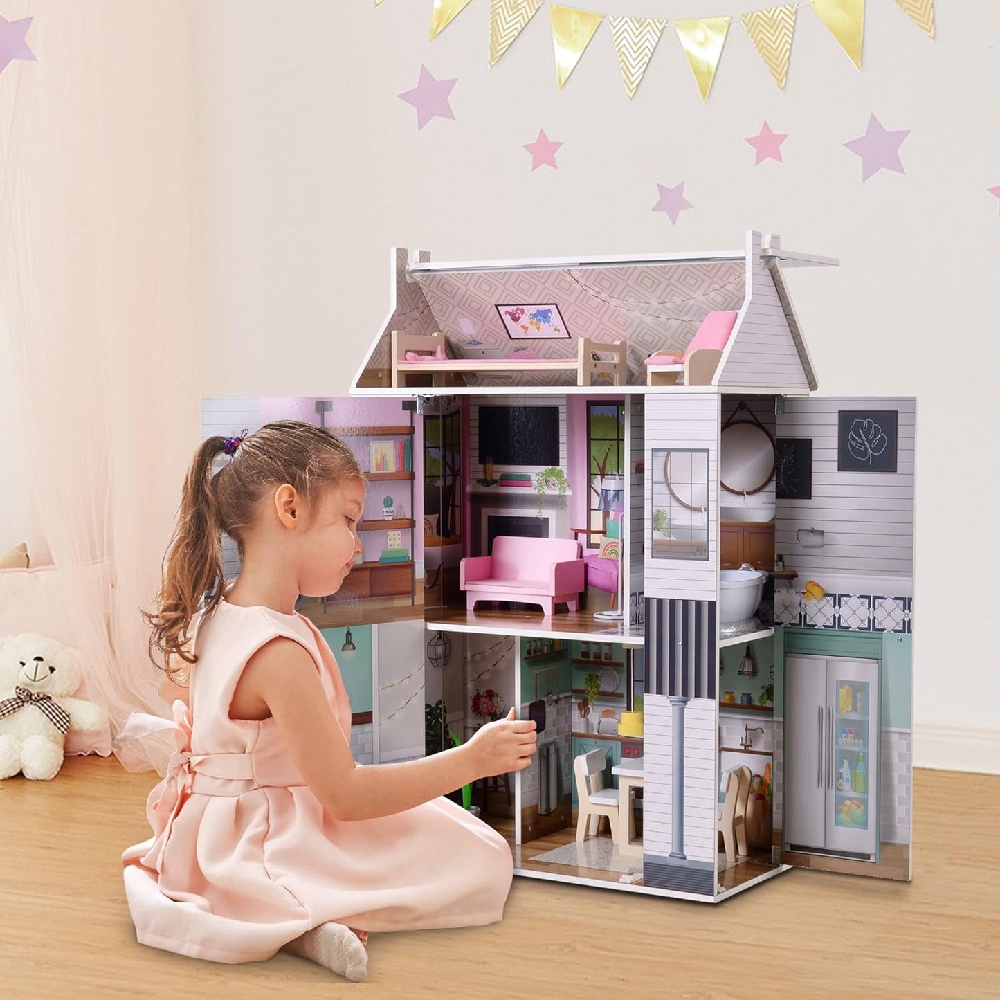 Olivia's Little World Dreamland 3-stöckiges interaktives Puppenhaus aus Holz mit 13 Puppenmöbelzubehör, weiß TD-13632A