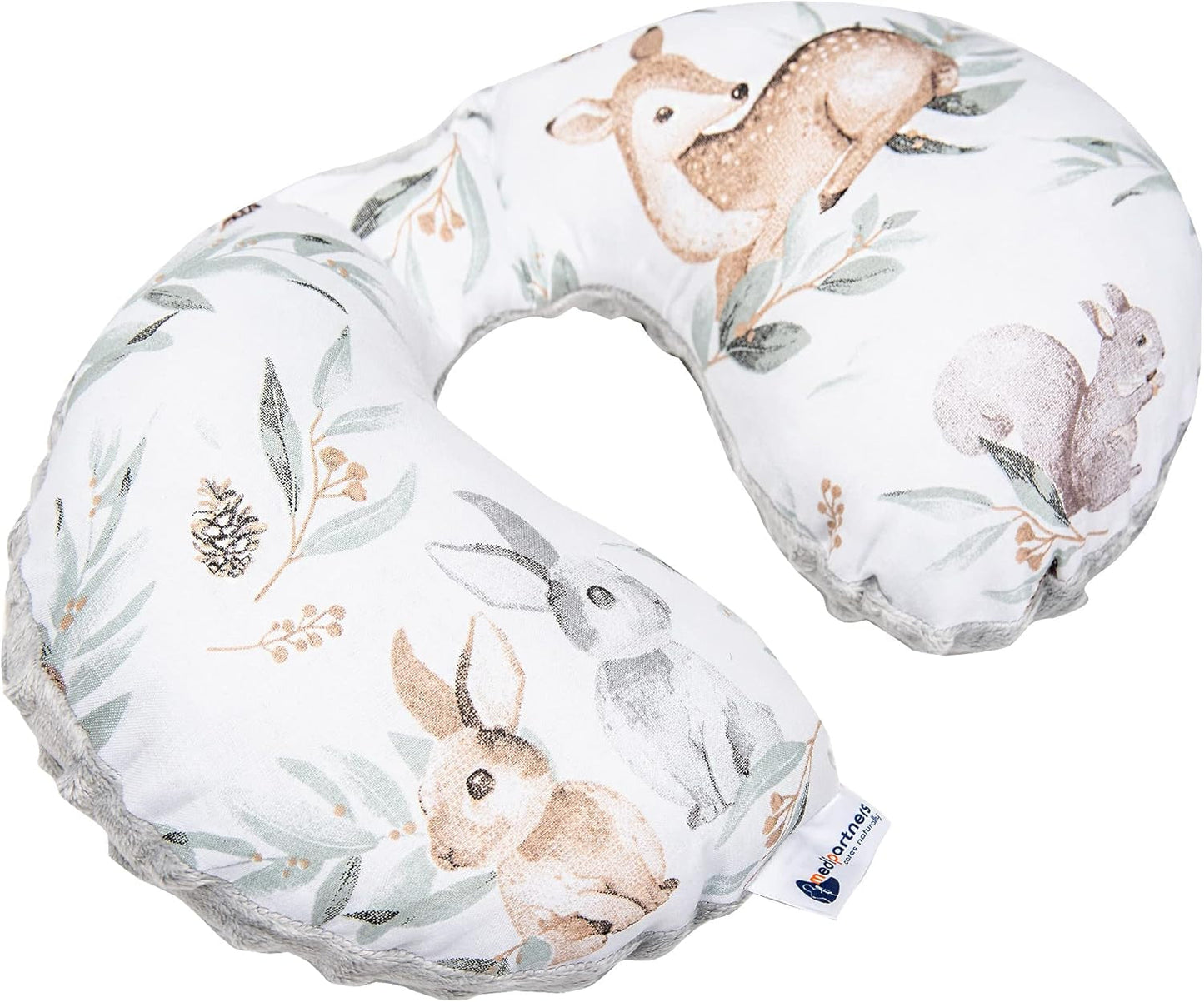 Medi Partners Baby-Nackenkissen Nackenstütze 100 % Baumwolle / Minky Baby-Nackenkissen für Auto, Kinderwagen, Reisen, Reisen, Schlafen, Nackenkissen, Schlummerrolle (REH mit grauem Minky) Zervikale orthopädische Kissen Naty Shop Hirsch in Blättern mit grauem Minky