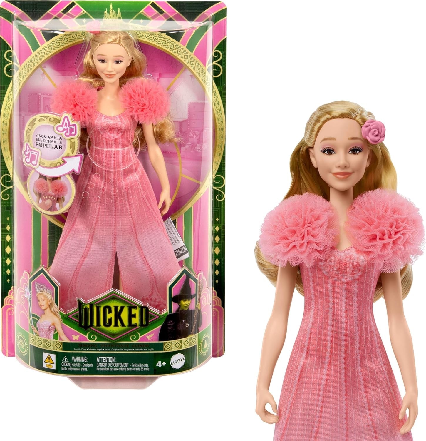 Mattel Glinda aus „Wicked and Accessories“, bewegliche, vom Film inspirierte Puppe mit abnehmbarem Outfit, singt „Loved by Us“ JLG49 Pink