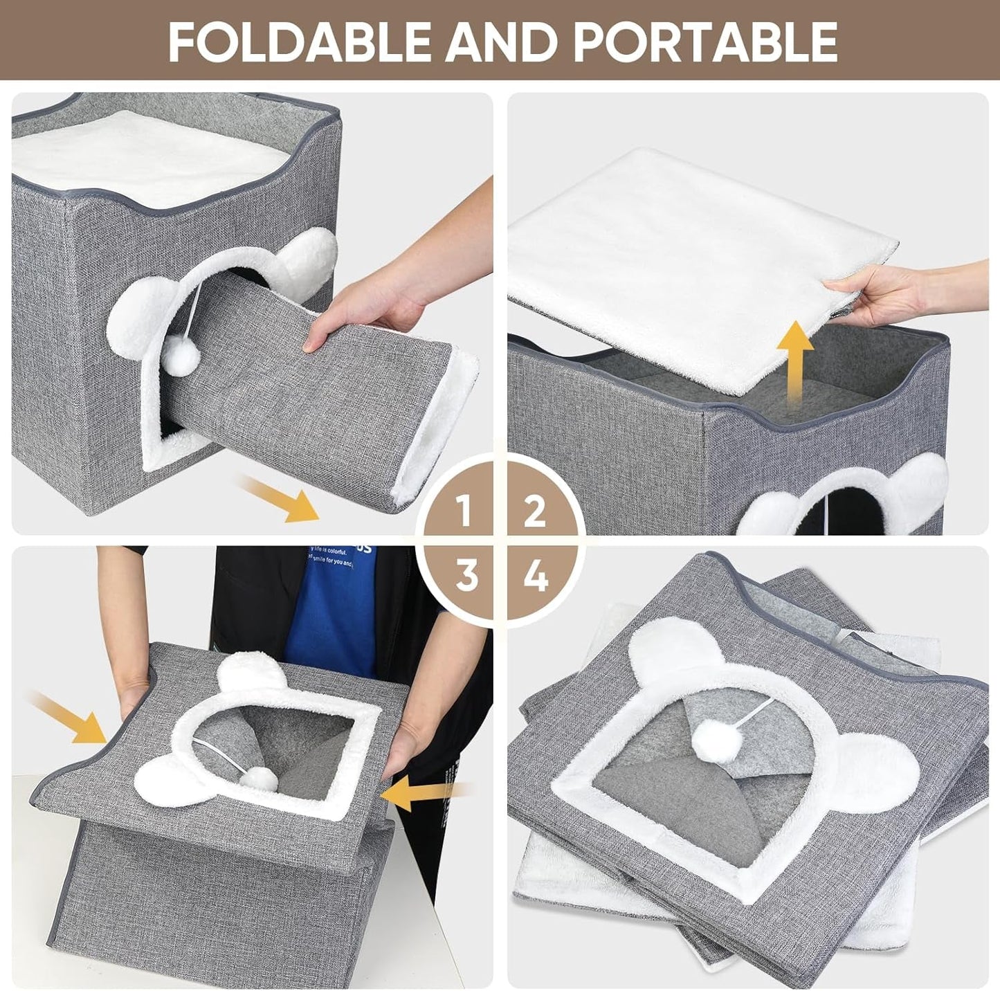 Katzenbetten für Indoor Katzen, Faltbares Katzenhaus, Katzenhöhle 2 Schicht Würfel Großer Raum Katzenbett mit Kratzbrett und Spielball, 15,8 x 15,8 x 15 Zoll
