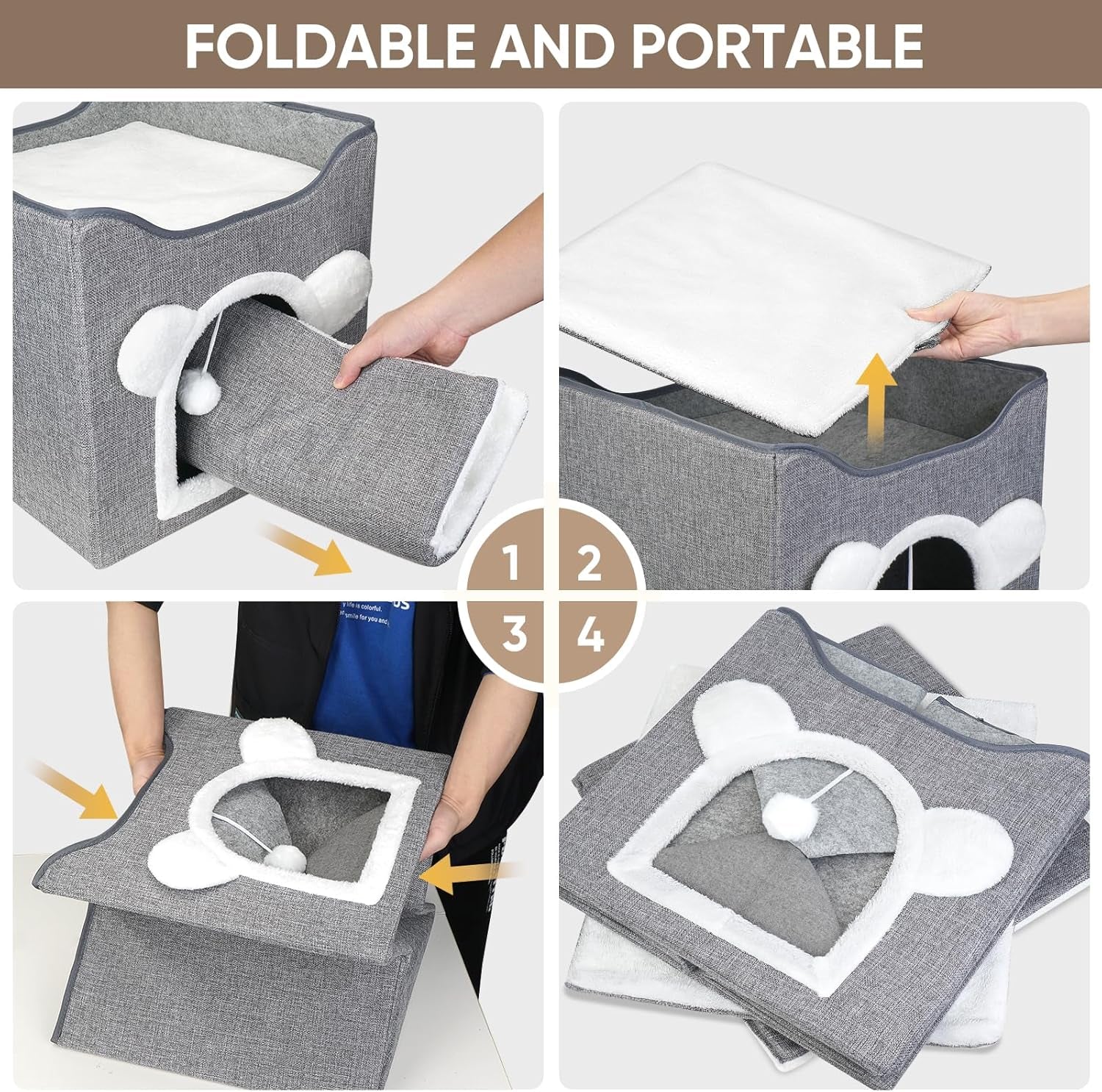 Katzenbetten für Indoor Katzen, Faltbares Katzenhaus, Katzenhöhle 2 Schicht Würfel Großer Raum Katzenbett mit Kratzbrett und Spielball, 15,8 x 15,8 x 15 Zoll