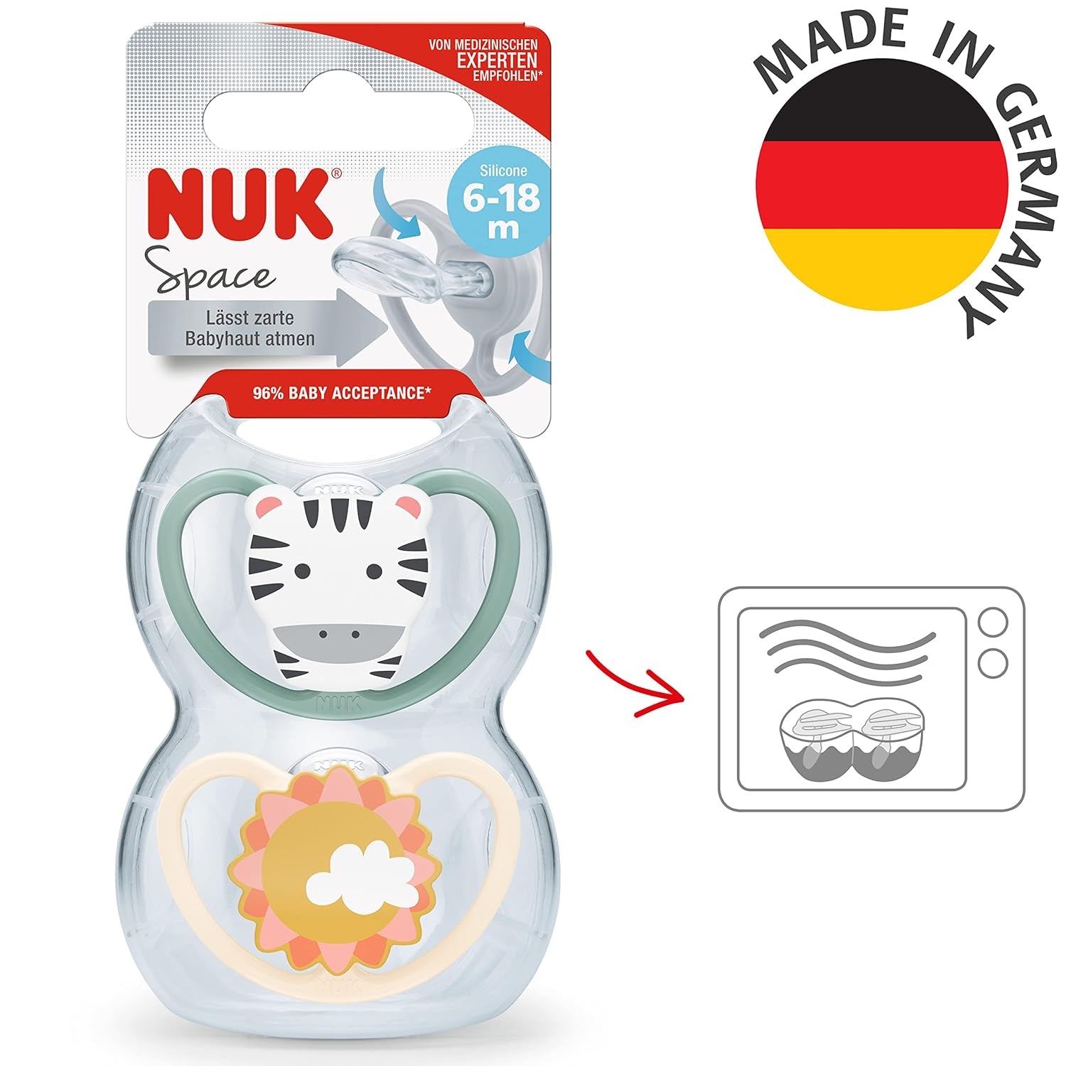 NUK Space Baby Schnuller 6–18 Monate, extra große Öffnungen für empfindliche Haut, BPA-freies Silikon, Zebramuster, 2er-Pack