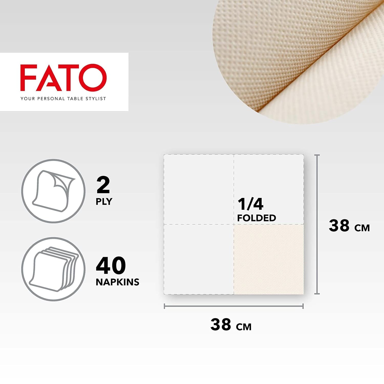 Fato – Natürliche 4-fach gefaltete Einweg-Papierservietten, umweltfreundlich, 40 Stück, Größe 38 x 38, 2-lagig, 100 % Recyclingpapier
