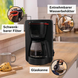 Bosch MyMoment TKA2M113 Filter-Espressomaschine, 1,25 l Glaskaraffe, 10–15 Tassen, 40-Minuten-Warmhaltefunktion, Anti-Tropf-System, drehbarer Filterhalter, abnehmbarer Wassertank, 1200 Watt, Mattschwarz