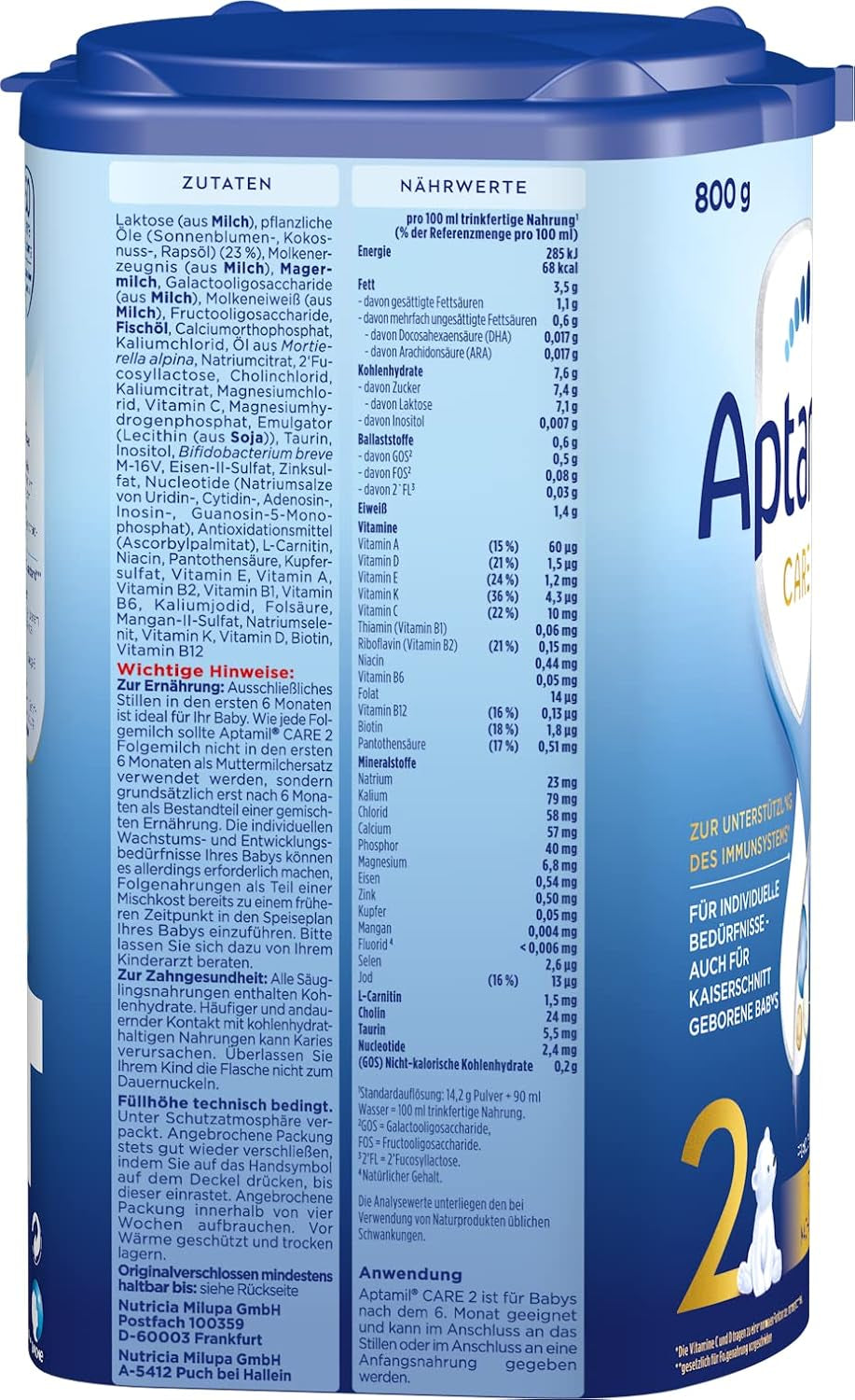 Aptamil Care 2 – Folgemilch nach 6 Monaten, mit Omega 3 und 6, DHA und ARA, palmölfrei, Babynahrung, Milchpulver, 1 x 800 g (6er Pack)