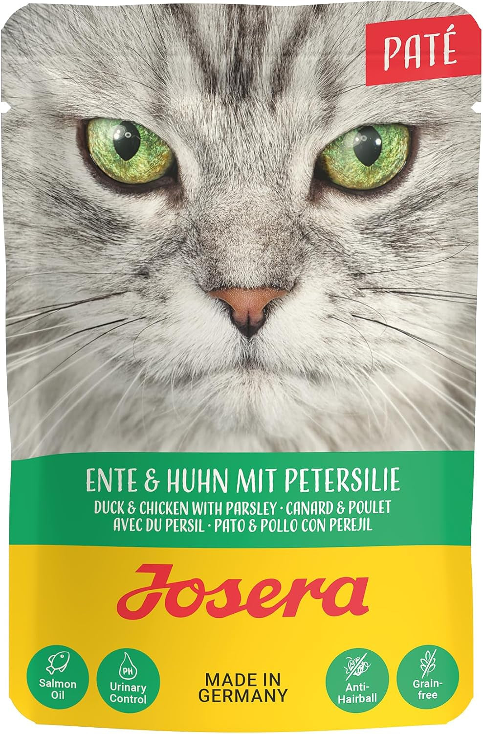 JOSERA Enten- und Hühnerpastete mit Petersilie (16 x 85 g) | Erwachsener | Premium-Nassfutter für ausgewachsene Katzen | Enten- und Hühnerpastete | Lachsöl | Keine Körner | Nasses Katzenfutter in frischen Beuteln | 16 Stück