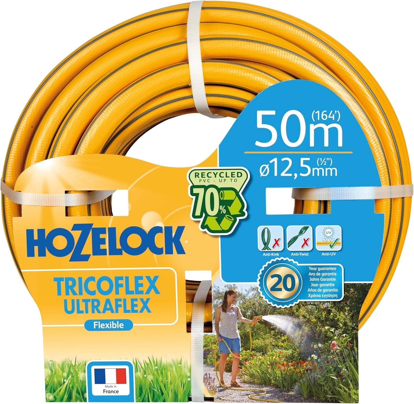 HOZELOCK - Tricoflex Ultraflex Schlauch Ø 12,5 mm (1/2") 20 M: Flexibler Gartenschlauch, wetterfest, verdreh- und biegefest, aus 40 % recyceltem PVC [117002], gelb