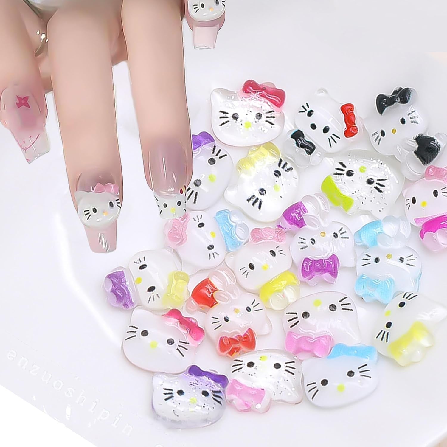 3D-Katzen-Nagelaufkleber, Nagelglitzer, Pailletten, Kunstharz-Nagelaufkleber, Nageledelsteine, Diamanten für Nagelkunst, inklusive Strass-Nagelwachsstift (Bunte Katze)