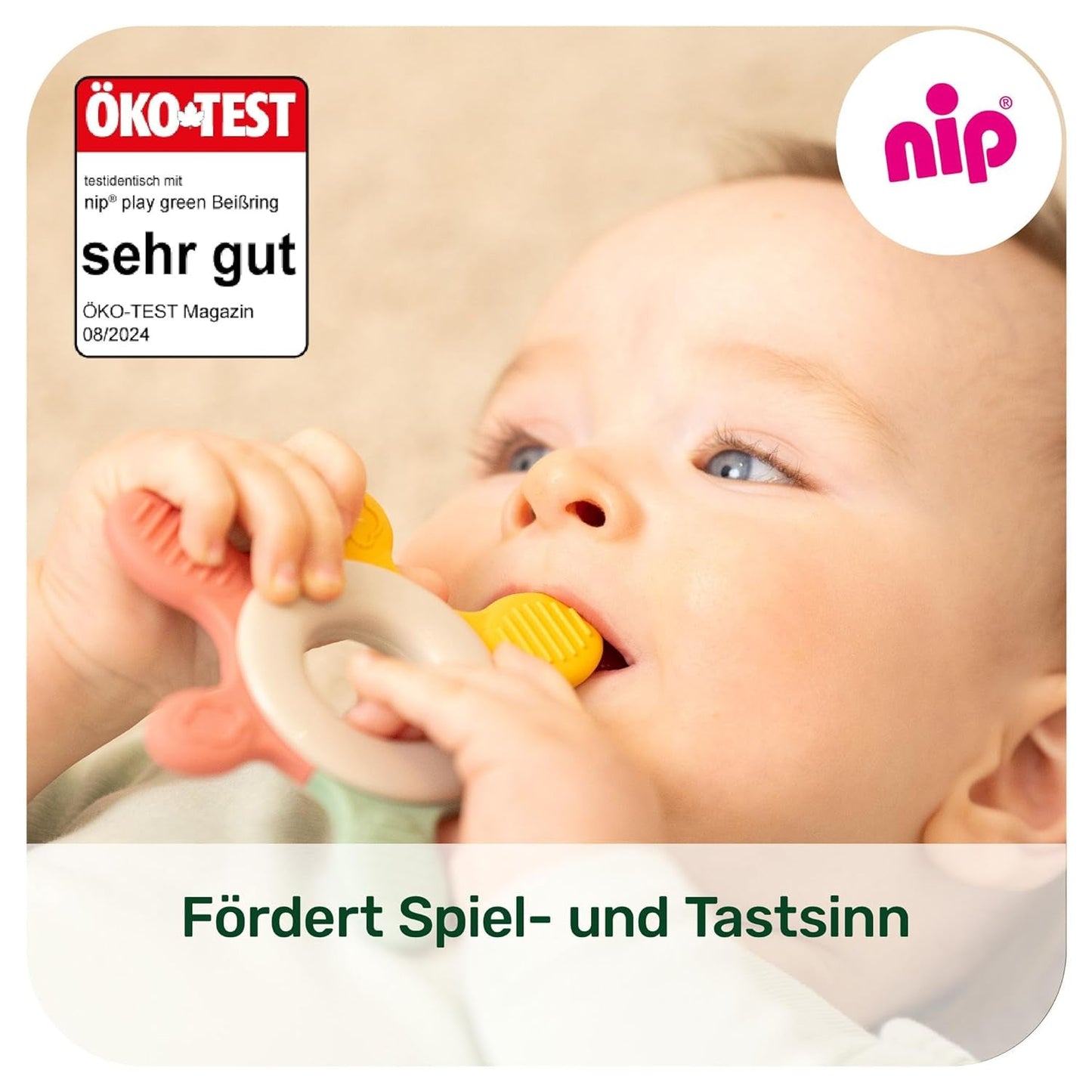 nip – Beißring | Nachhaltiger Beißring für Babys ab 3 Monaten, hergestellt aus über 65 % natürlichen Rohstoffen. Zur sanften Massage von Zahnfleisch, Zunge und Zähnen | Rot/Grün/Orange