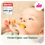 nip – Beißring | Nachhaltiger Beißring für Babys ab 3 Monaten, hergestellt aus über 65 % natürlichen Rohstoffen. Zur sanften Massage von Zahnfleisch, Zunge und Zähnen | Rot/Grün/Orange