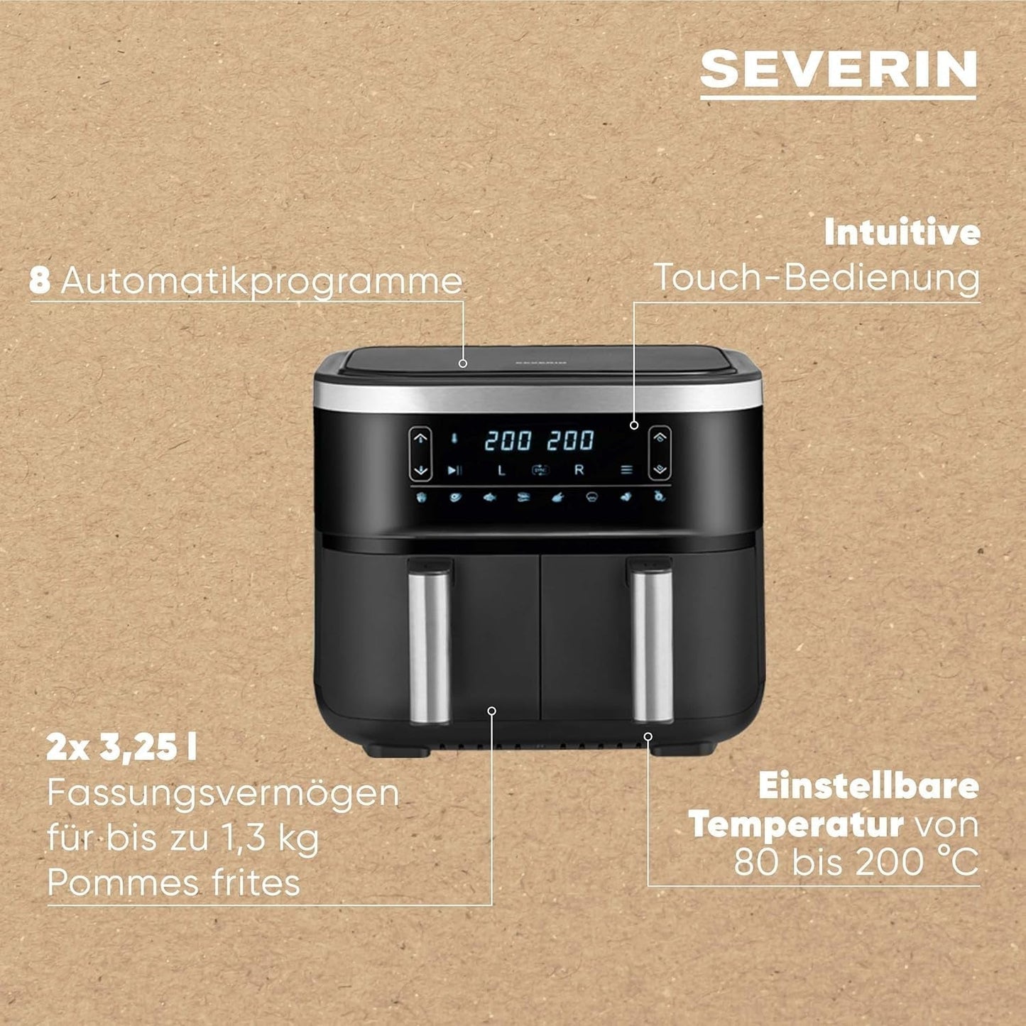 SEVERIN Doppel-Heißluftfritteuse mit Garraum 2 x 3,8 l, 8 Automatikprogramme Haushaltsgeräte Naty Shop