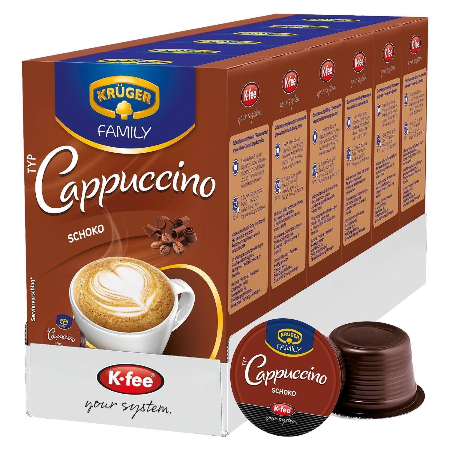 KRÜGER Cappuccino Schoko Kaffeekapseln, kompatibel mit K-fee und ALDI EXPRESSI* Kapselmaschinen, aromatisierter Instantkaffee, 96 Kapseln