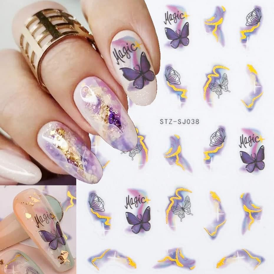 6 Blatt 3D Lila Schmetterling Nagelstickers Selbstklebend Nagelaufkleber Schmetterlinge Nail Sticker Bunte Blühen Marmor Nagel Aufkleber Regenbogen Welle Linien Nail Art Aufkleber Nageldesign Zubehör