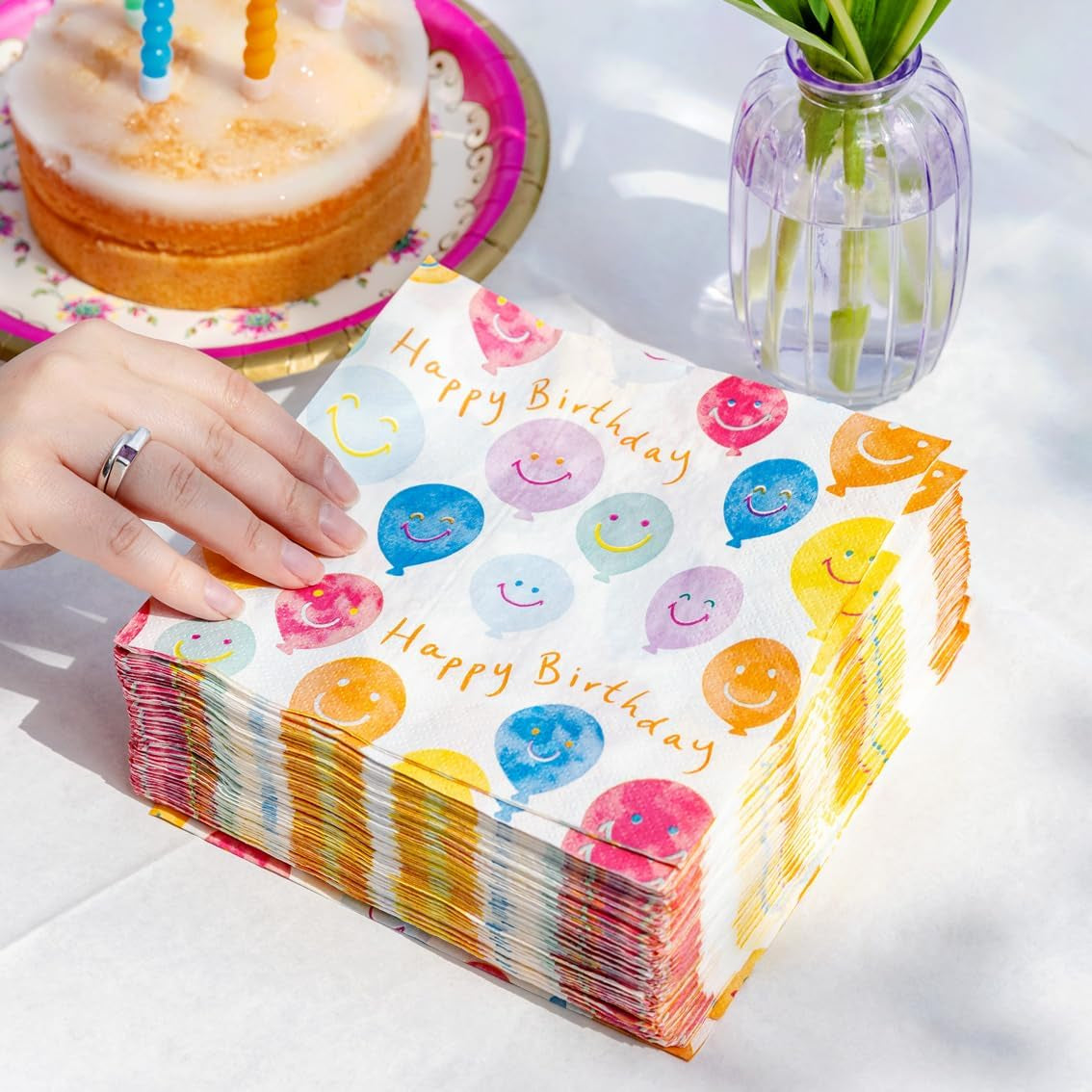 Hochwertige Happy Birthday Smiley-Papierservietten, Ballonservietten für Party-Catering, umweltfreundliche Einwegservietten, kompostierbar, langlebig und recycelbar