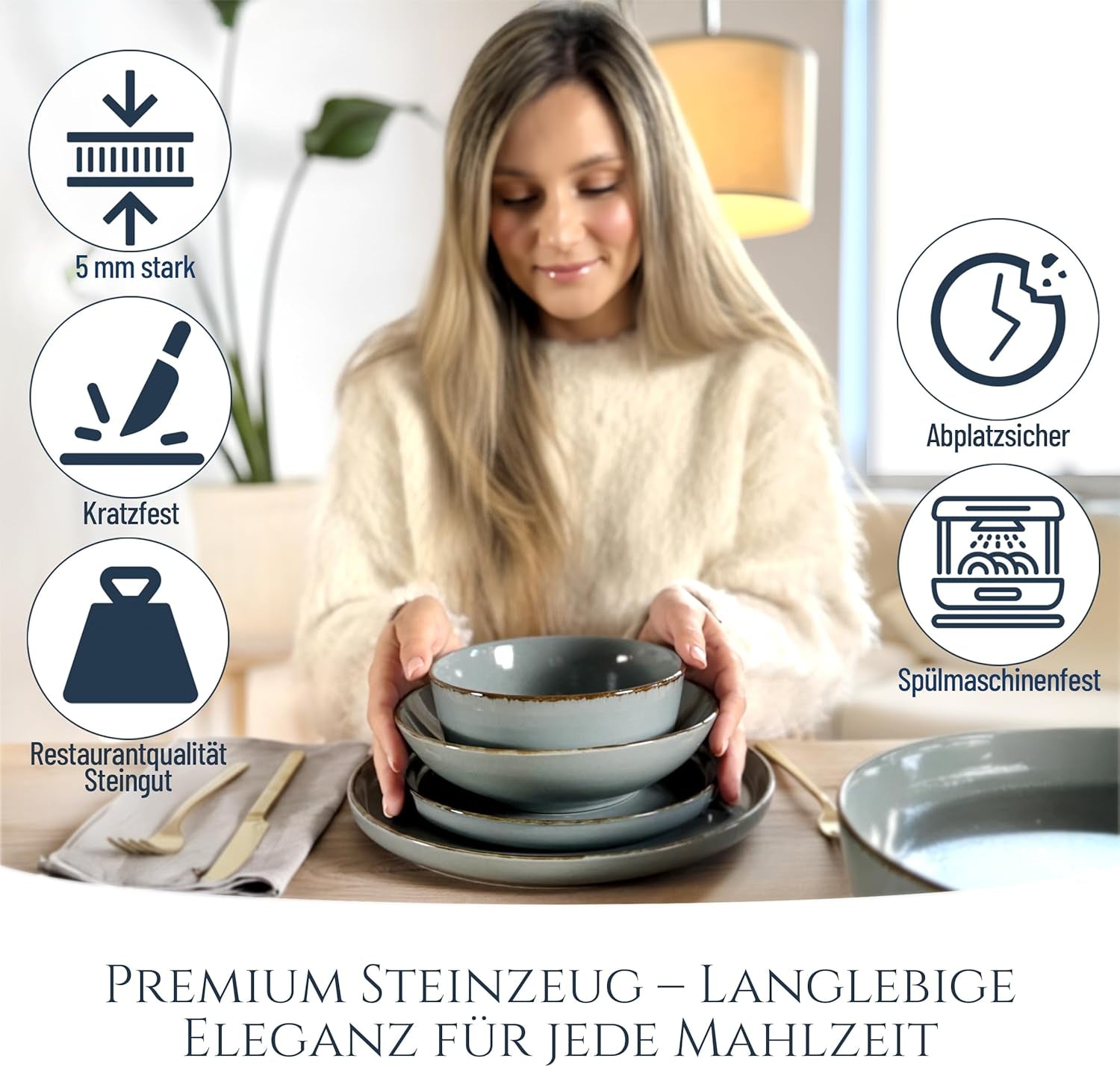 Steingut Geschirrset 6 Personen Rustikal 24 tlg. TESTSIEGER, Hochwertiges Landhausstil Steingut Geschirr Set, Schüssel- und Teller Set, Tafelservice 6 Personen, Geschirrsets Pure Living in Rauchblau