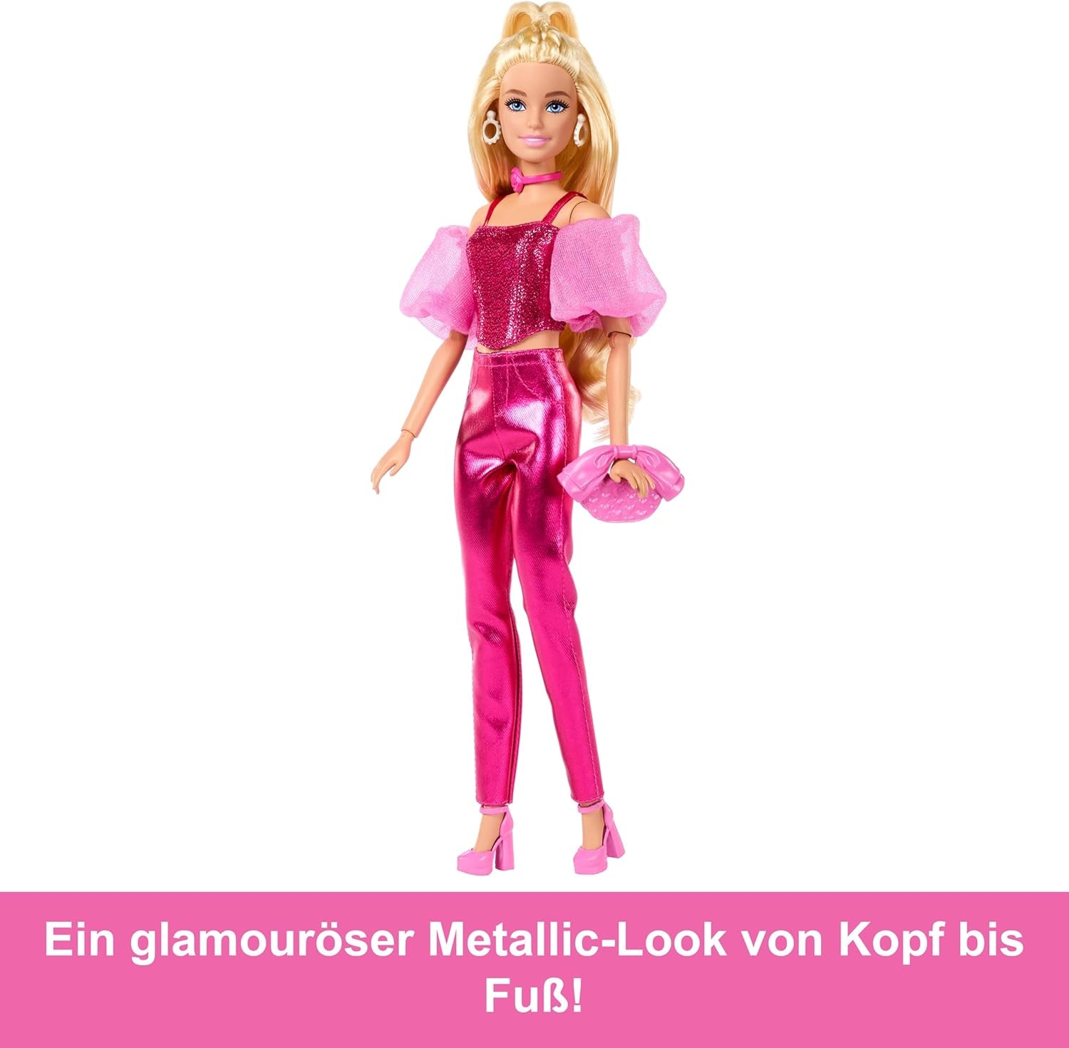 Barbie Deluxe Style Nr. 5-Puppe in einem metallischen rosa-blonden Outfit mit glitzerndem Oberteil und glitzernden Hosen, mit Accessoires wie einer rosa Halskette und einer Handtasche, JFP40
