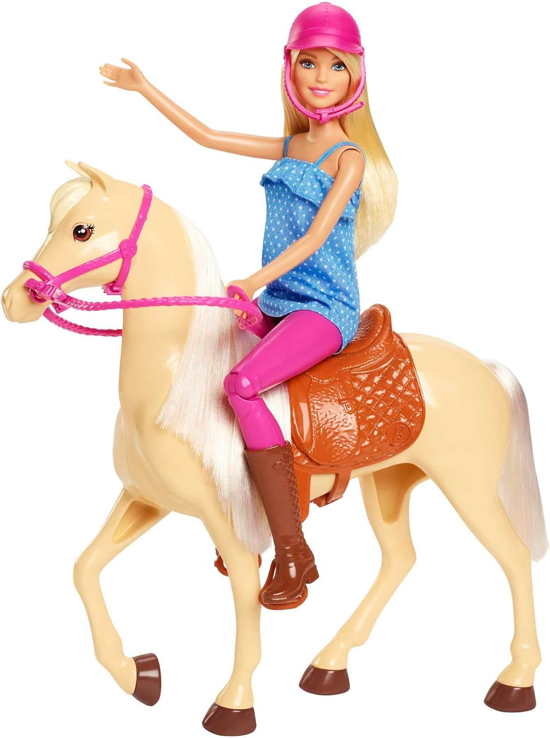 Barbie-Puppe und Pferdespielzeug, Reitzubehör, inklusive 1 Puppe und 1 Pferd, geeignet als Geschenk für Kinder ab 3 Jahren, FXH13