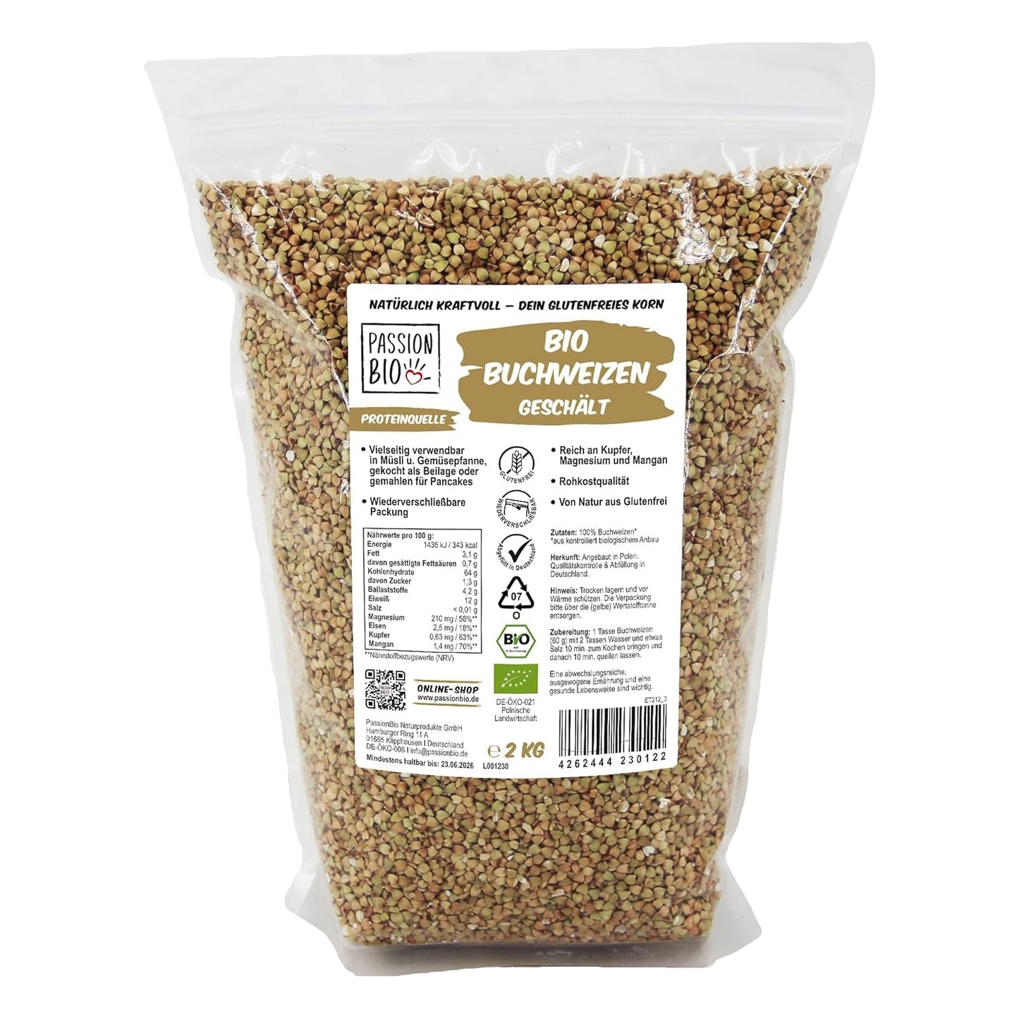 PassionBio Bio-Buchweizen 2 kg – wiederverschließbare Verpackung – Rohkostqualität
